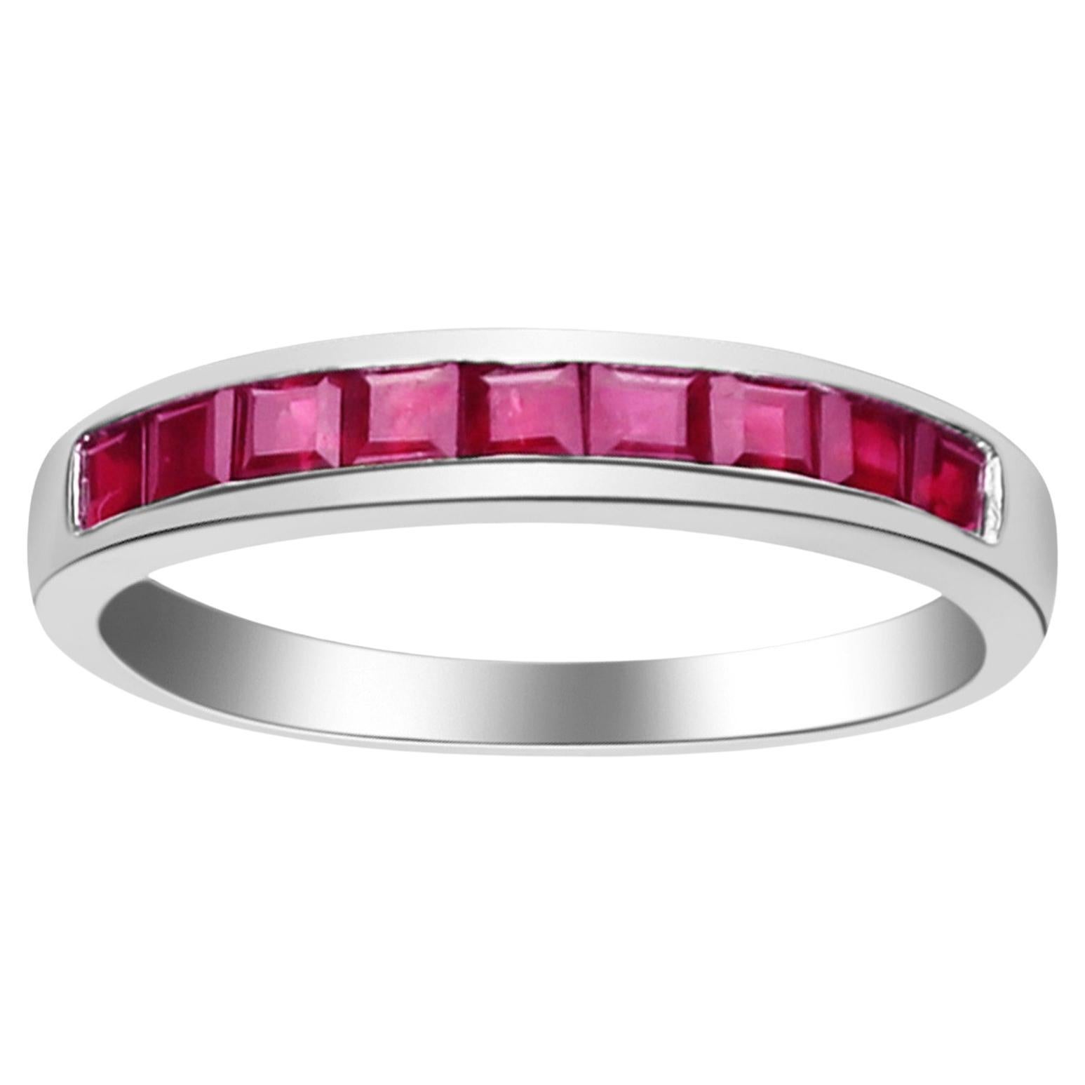 1.11 Carat Square Cut Ruby 14K White Gold Wedding Ring For Sale