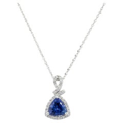 1.11 Carat Trillion Shaped Tanzanite Diamond Halo Necklace 14 Karat in Stock