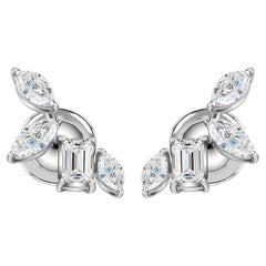 1.11 Ct Natural Diamond Emerald & Marquise Ear Climber Earrings, 14k White Gold