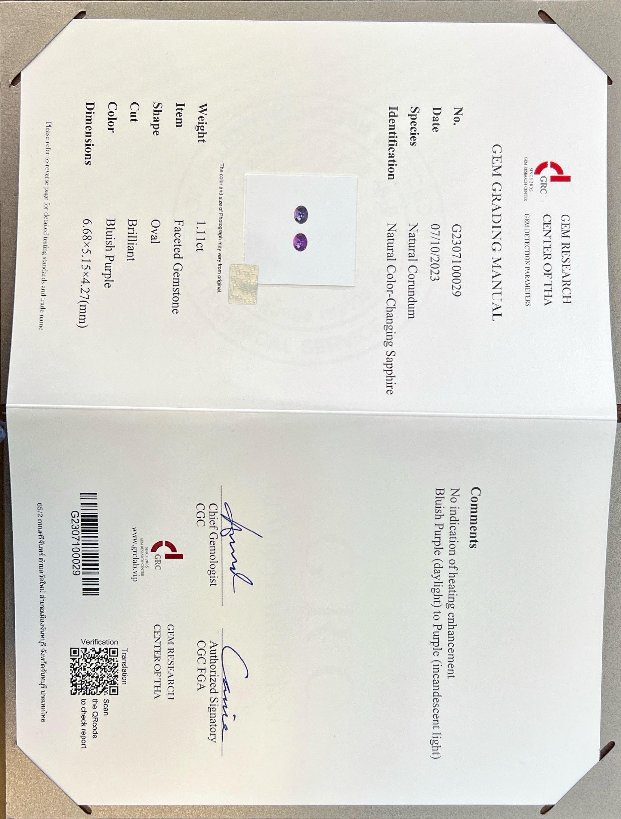 Bague à diamant saphir à changement de couleur sans chaleur de 1,11 carat en vente 6