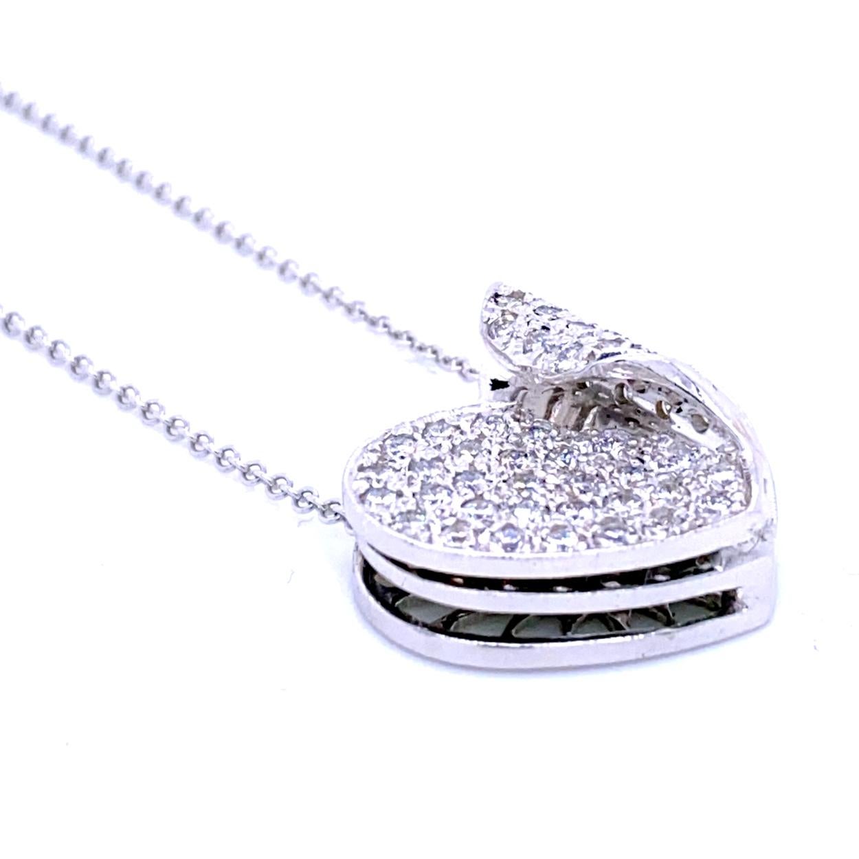 1.11 Carat Pave Set Diamond 14 Karat Gold Heart Pendant Necklace For Sale 1