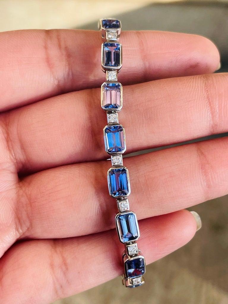 Octagon Cut 11.1 Ct. Tanzanite & Diamond Tennis Bracelet in 18k White Gold Bridal Jewelry For Sale