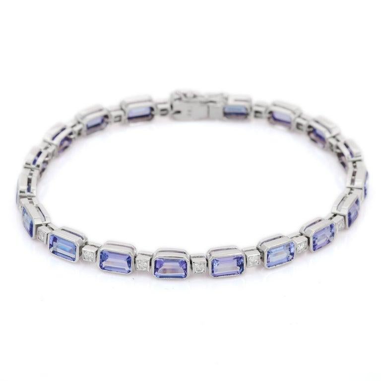 11.1 Ct. Tanzanite & Diamond Tennis Bracelet in 18k White Gold Bridal Jewelry For Sale 3