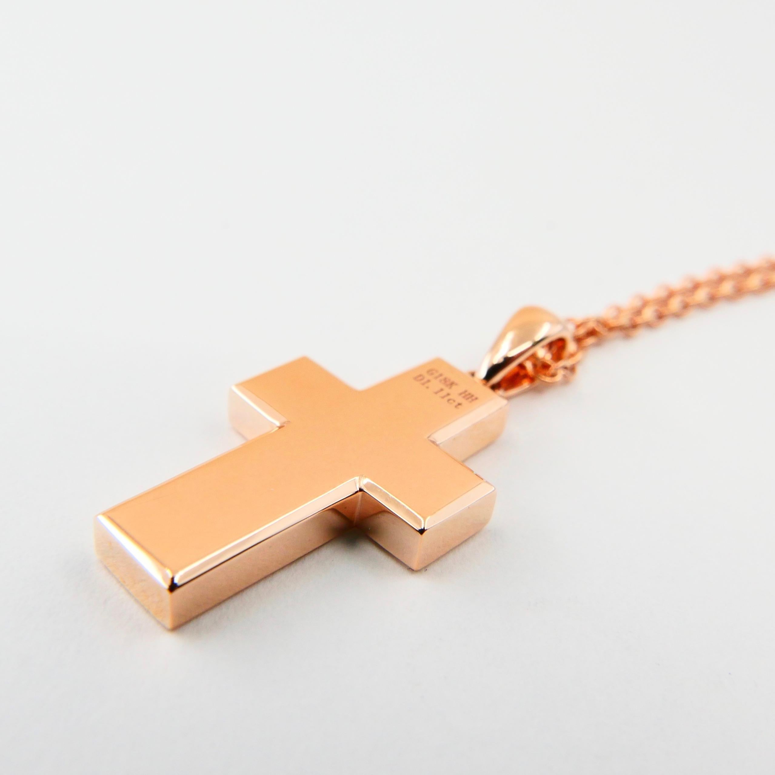 1.11 CTW Natural Light Baby Pink Diamond Cross Pendant Necklace. 18K Rose Gold. For Sale 2