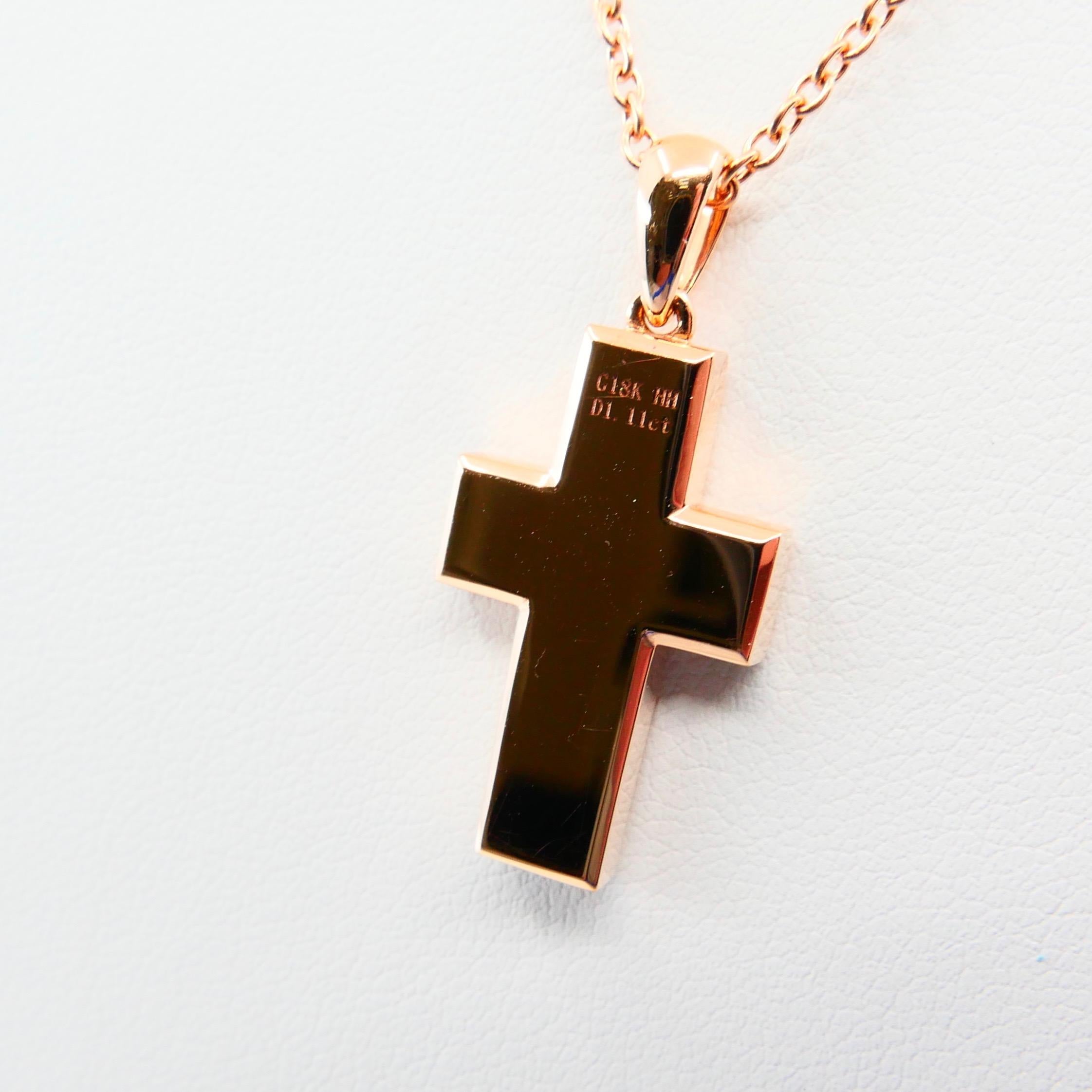 1.11 CTW Natural Light Baby Pink Diamond Cross Pendant Necklace. 18K Rose Gold. For Sale 3