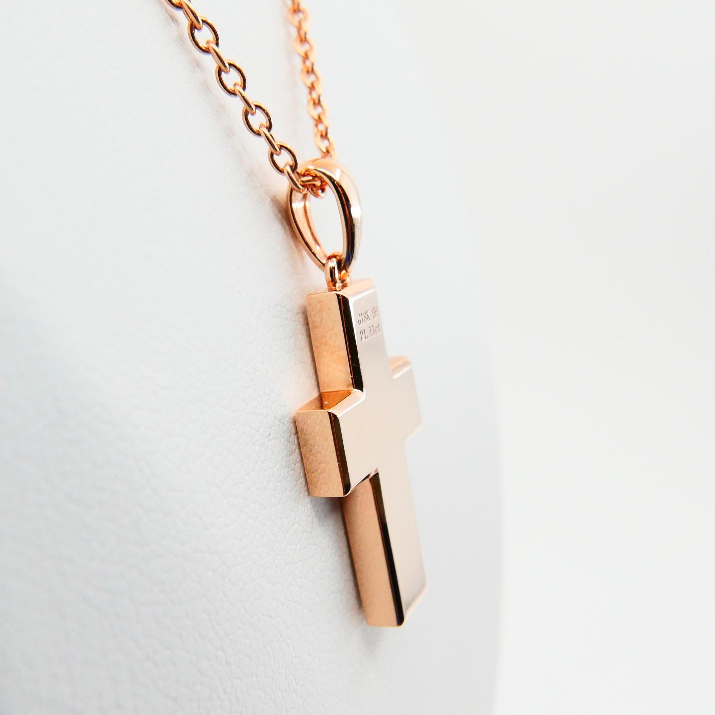 1.11 CTW Natural Light Baby Pink Diamond Cross Pendant Necklace. 18K Rose Gold. For Sale 4