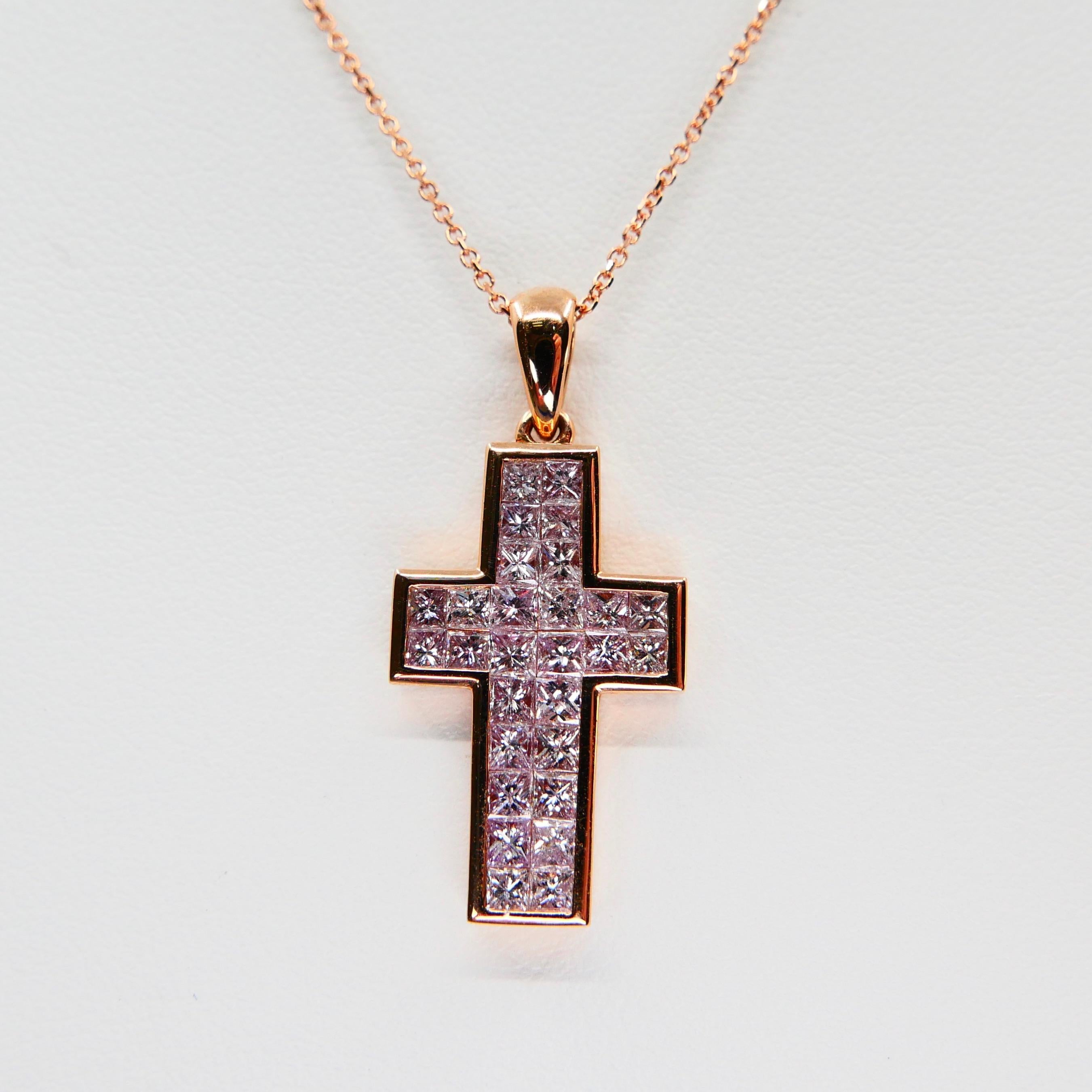 1.11 CTW Natural Light Baby Pink Diamond Cross Pendant Necklace. 18K Rose Gold. For Sale 5