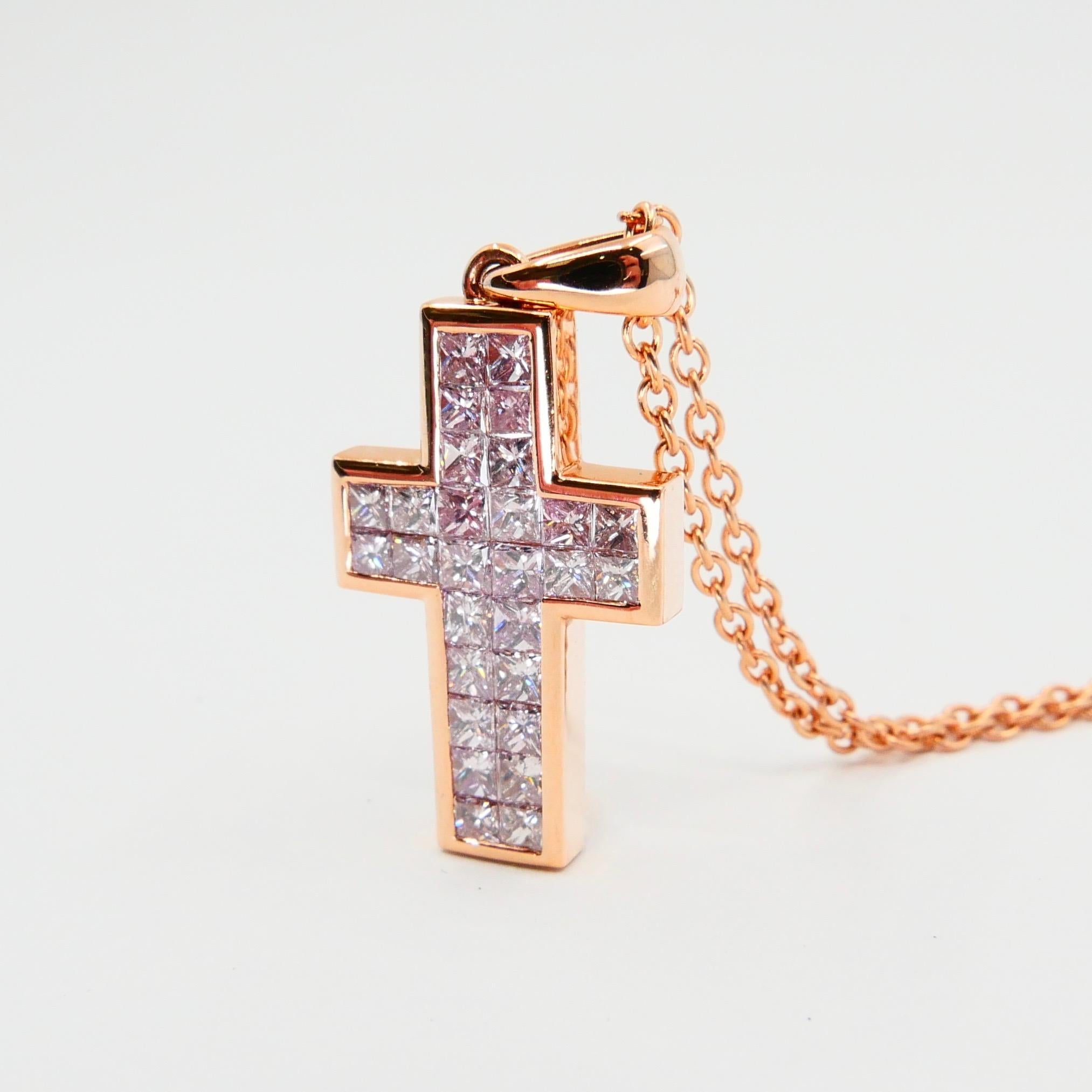 1.11 CTW Natural Light Baby Pink Diamond Cross Pendant Necklace. 18K Rose Gold. For Sale 6