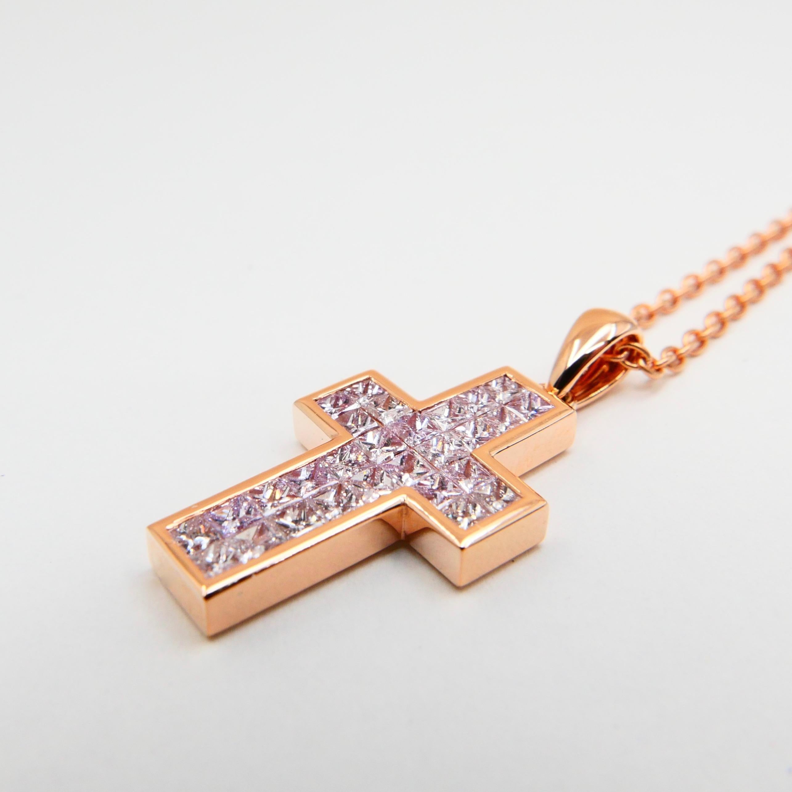 1.11 CTW Natural Light Baby Pink Diamond Cross Pendant Necklace. 18K Rose Gold. For Sale 7