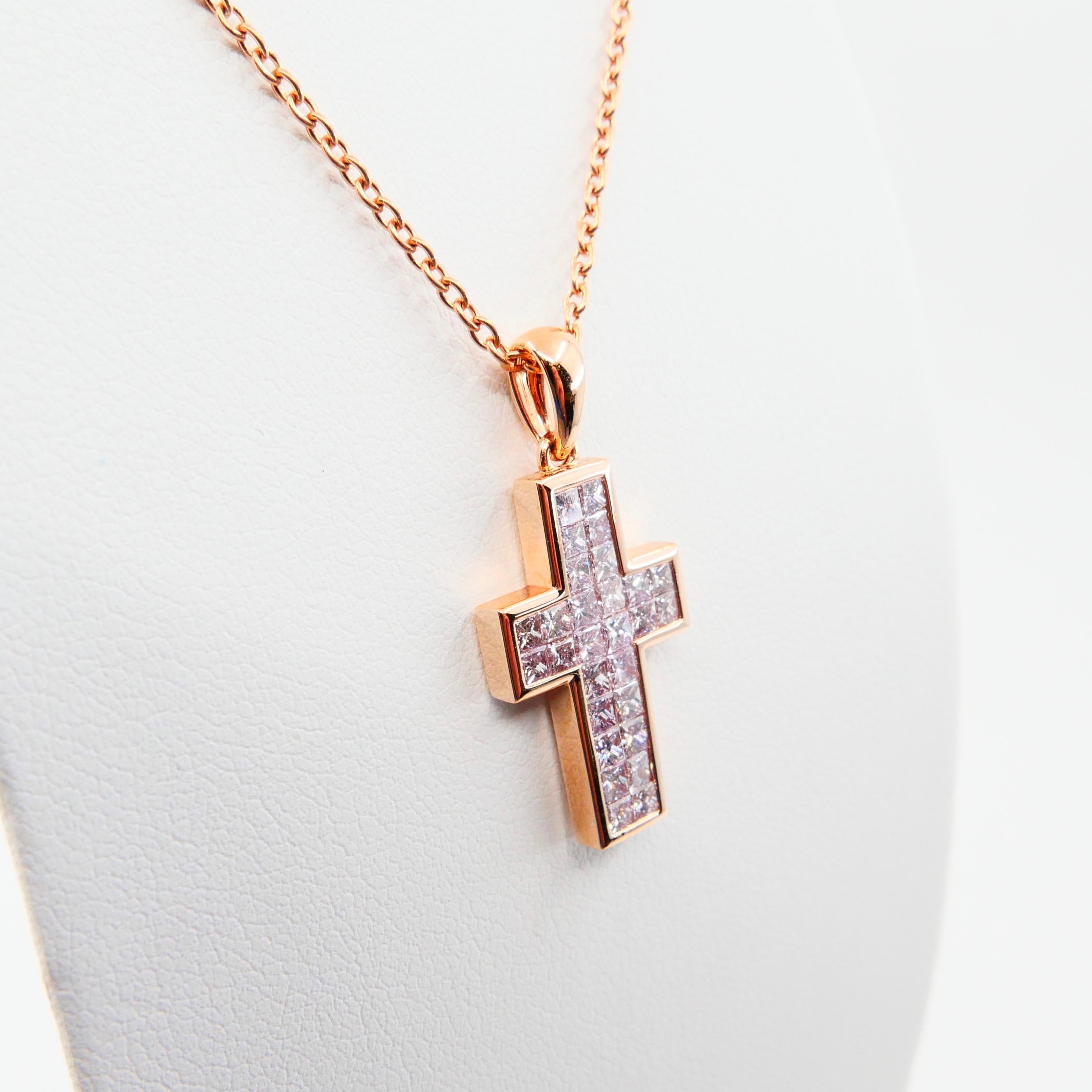 Princess Cut 1.11 CTW Natural Light Baby Pink Diamond Cross Pendant Necklace. 18K Rose Gold. For Sale