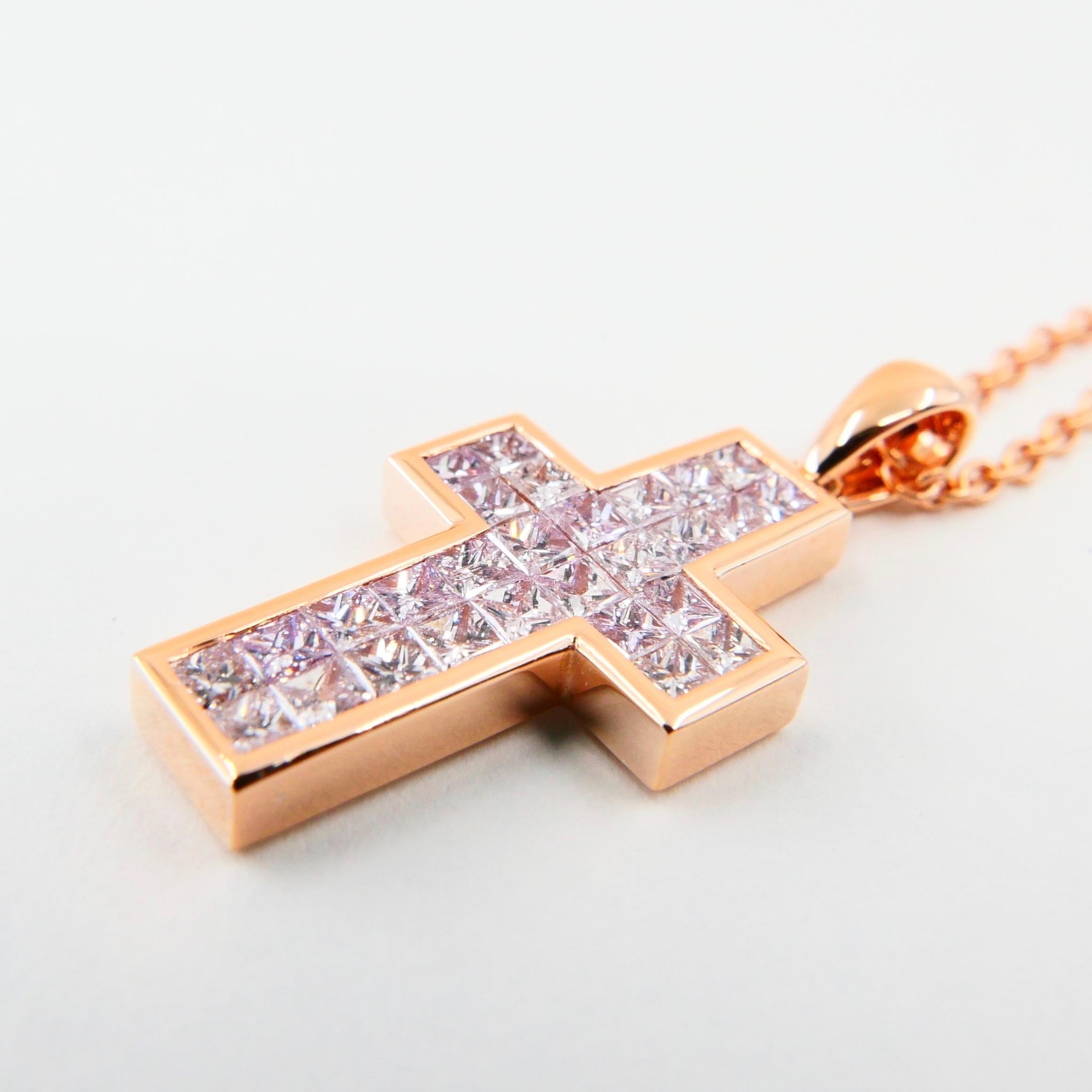 Women's 1.11 CTW Natural Light Baby Pink Diamond Cross Pendant Necklace. 18K Rose Gold. For Sale