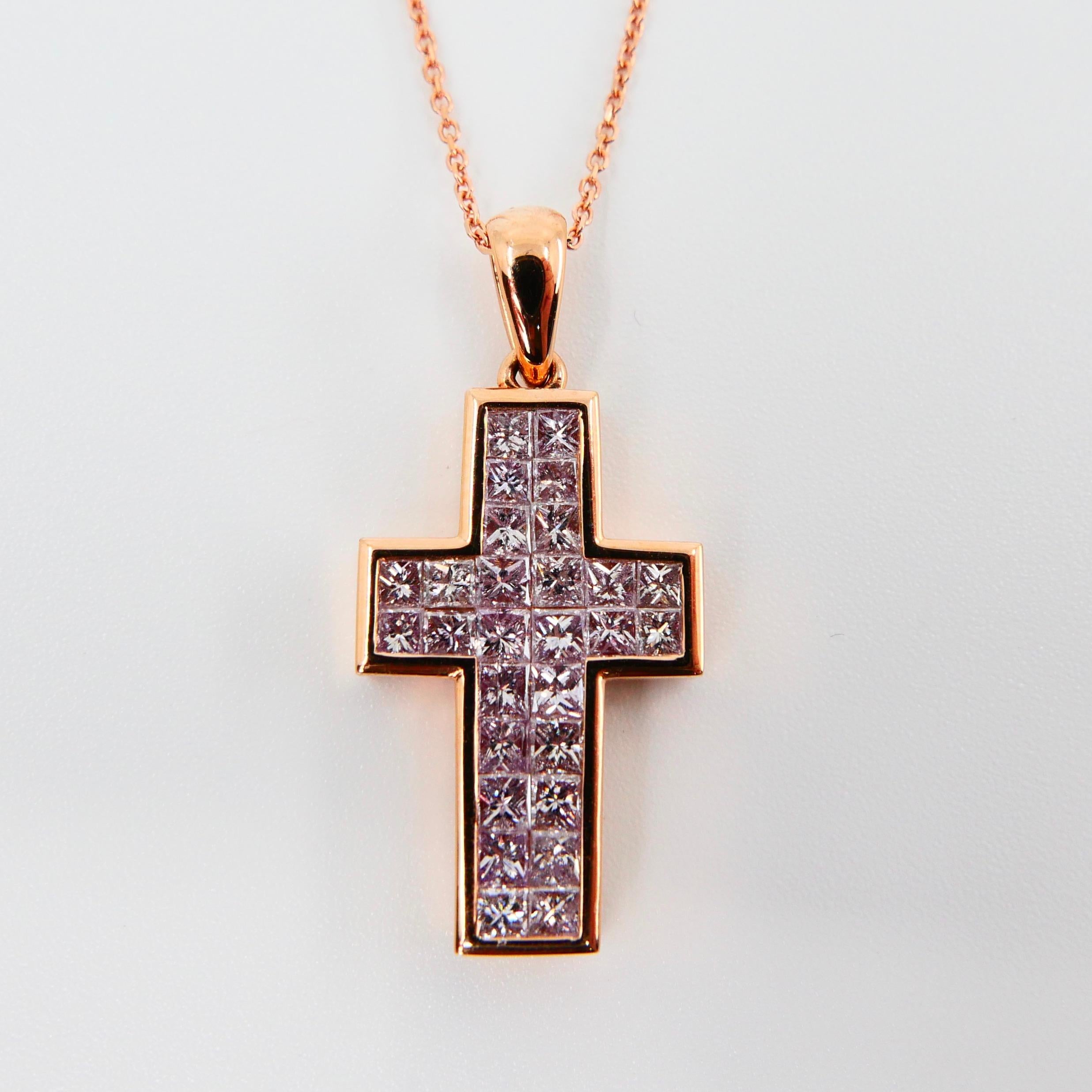 1.11 CTW Natural Light Baby Pink Diamond Cross Pendant Necklace. 18K Rose Gold. For Sale 1