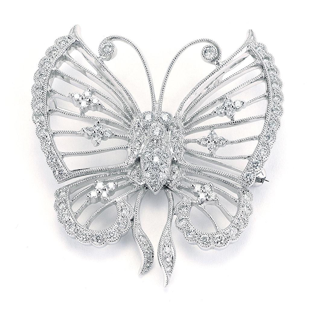 Round Cut 1.11 CTTW Diamond Butterfly Milgrain Pin Brooch For Sale