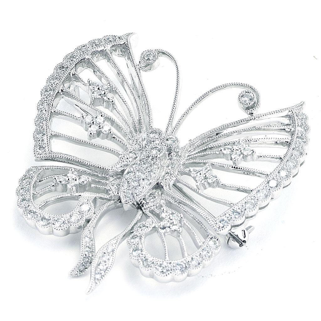 1.11 CTTW Diamond Butterfly Milgrain Pin Brooch In New Condition For Sale In Chicago, IL