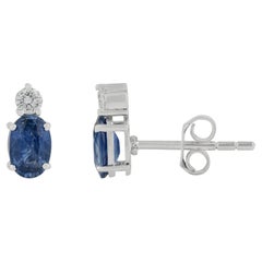 1.11 CTW Natural Oval Blue Sapphire & Diamond Stud Earrings in 14K White Gold