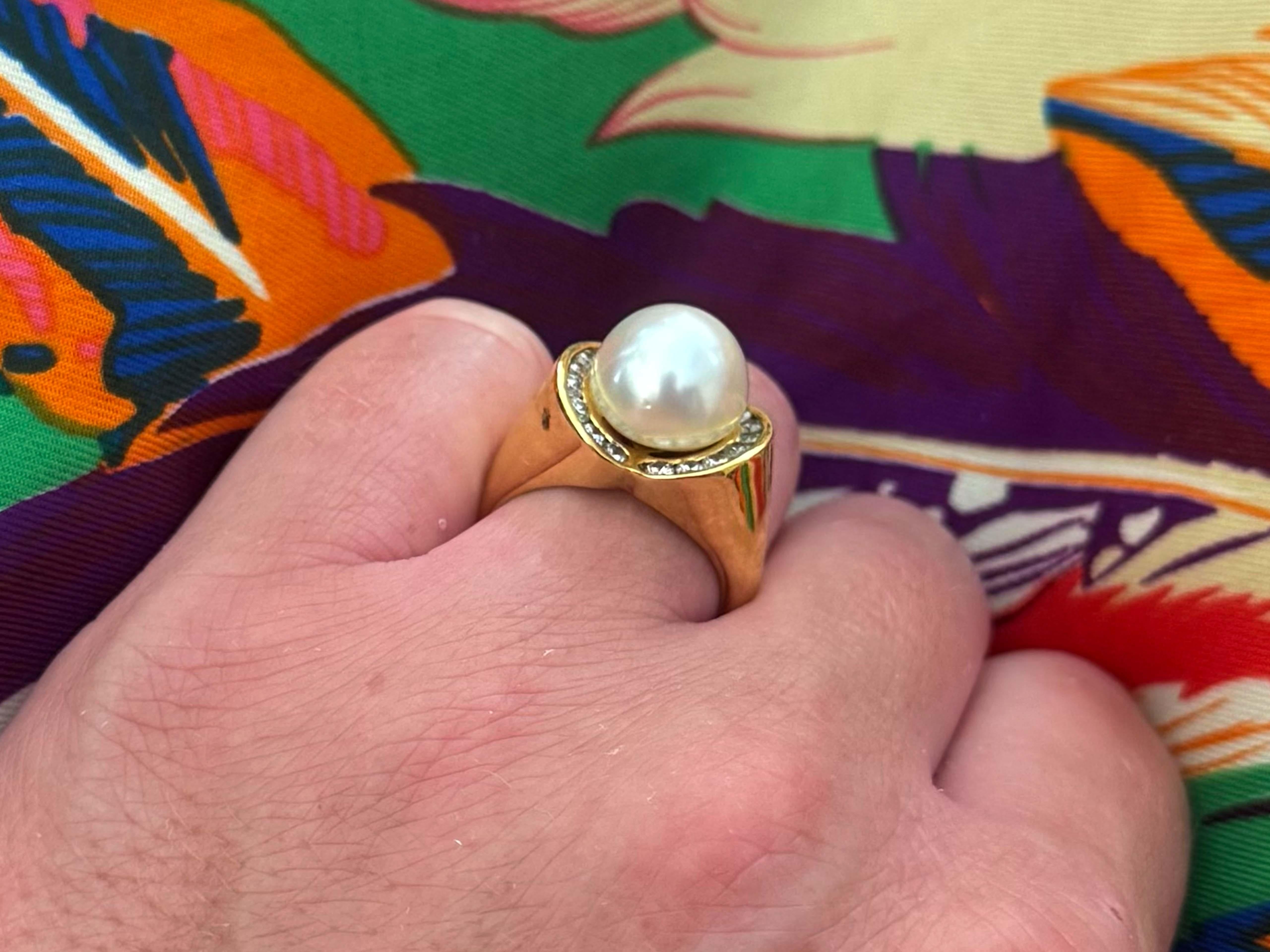 Anillo de Diamantes y Perlas del Mar del Sur de 11,1 Mm Oro Amarillo de 18 K Corte brillante en venta