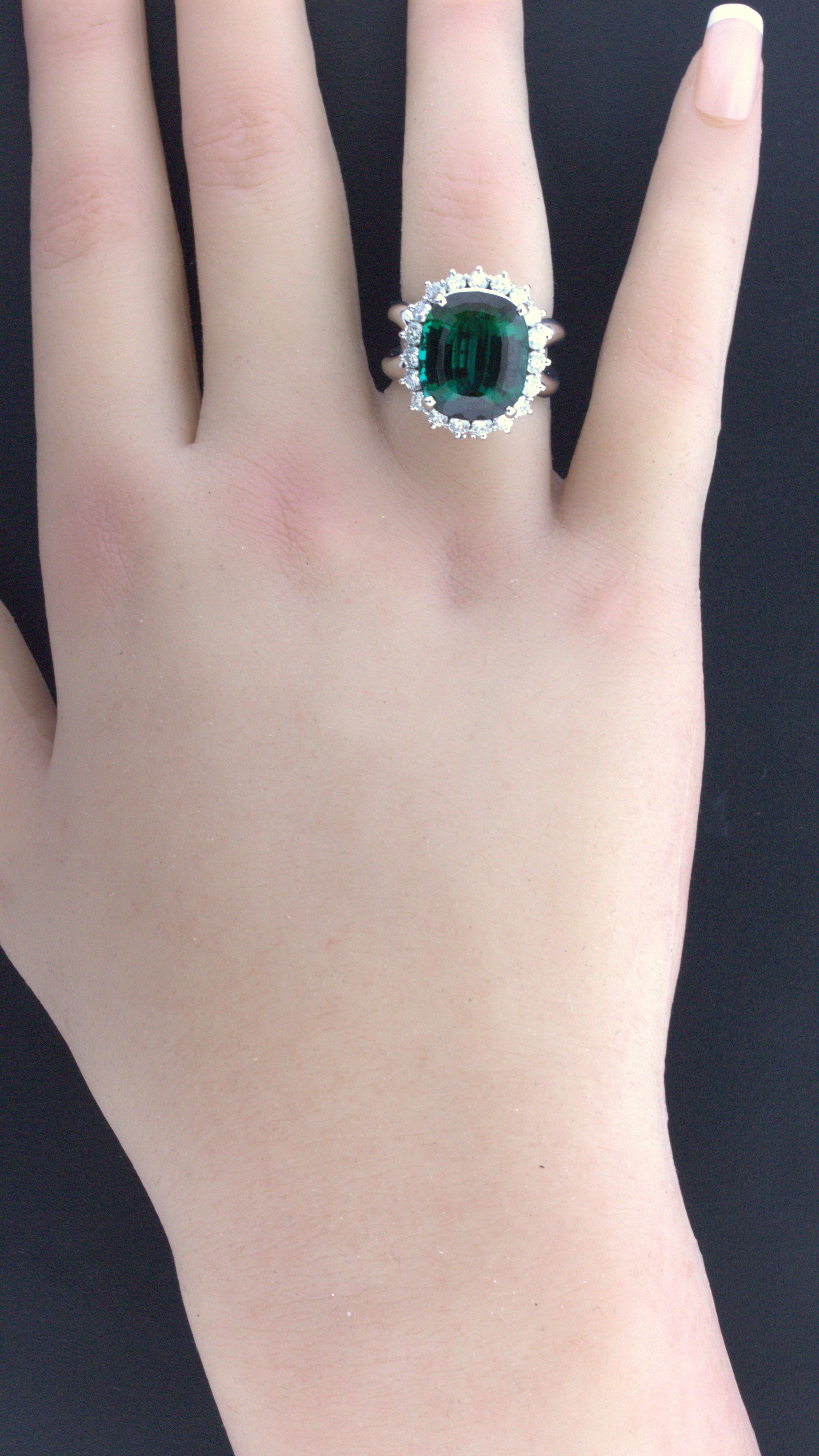 11.10 Carat Green Tourmaline Diamond Halo 14k White Gold Ring In New Condition For Sale In Beverly Hills, CA