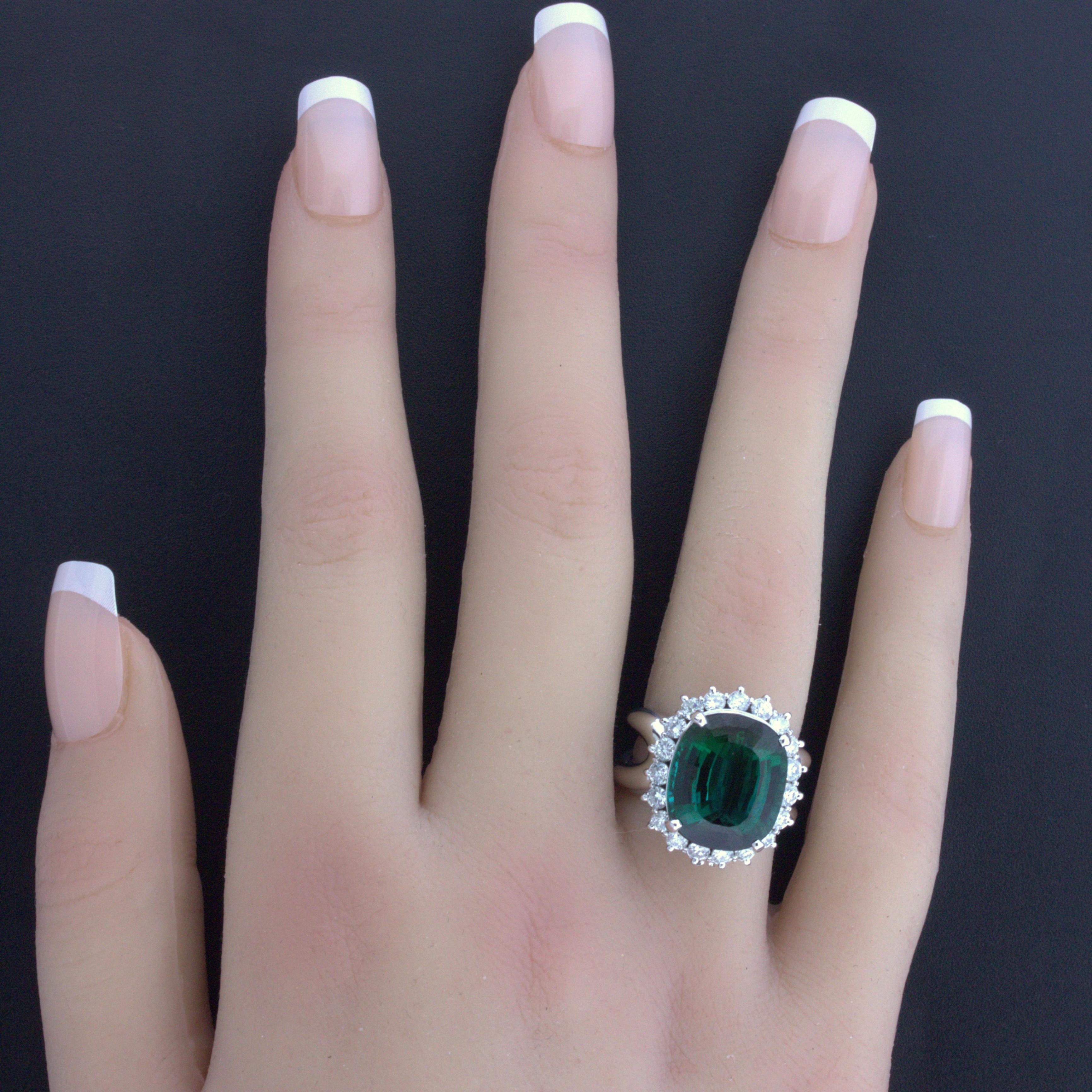 Women's 11.10 Carat Green Tourmaline Diamond Halo 14k White Gold Ring For Sale