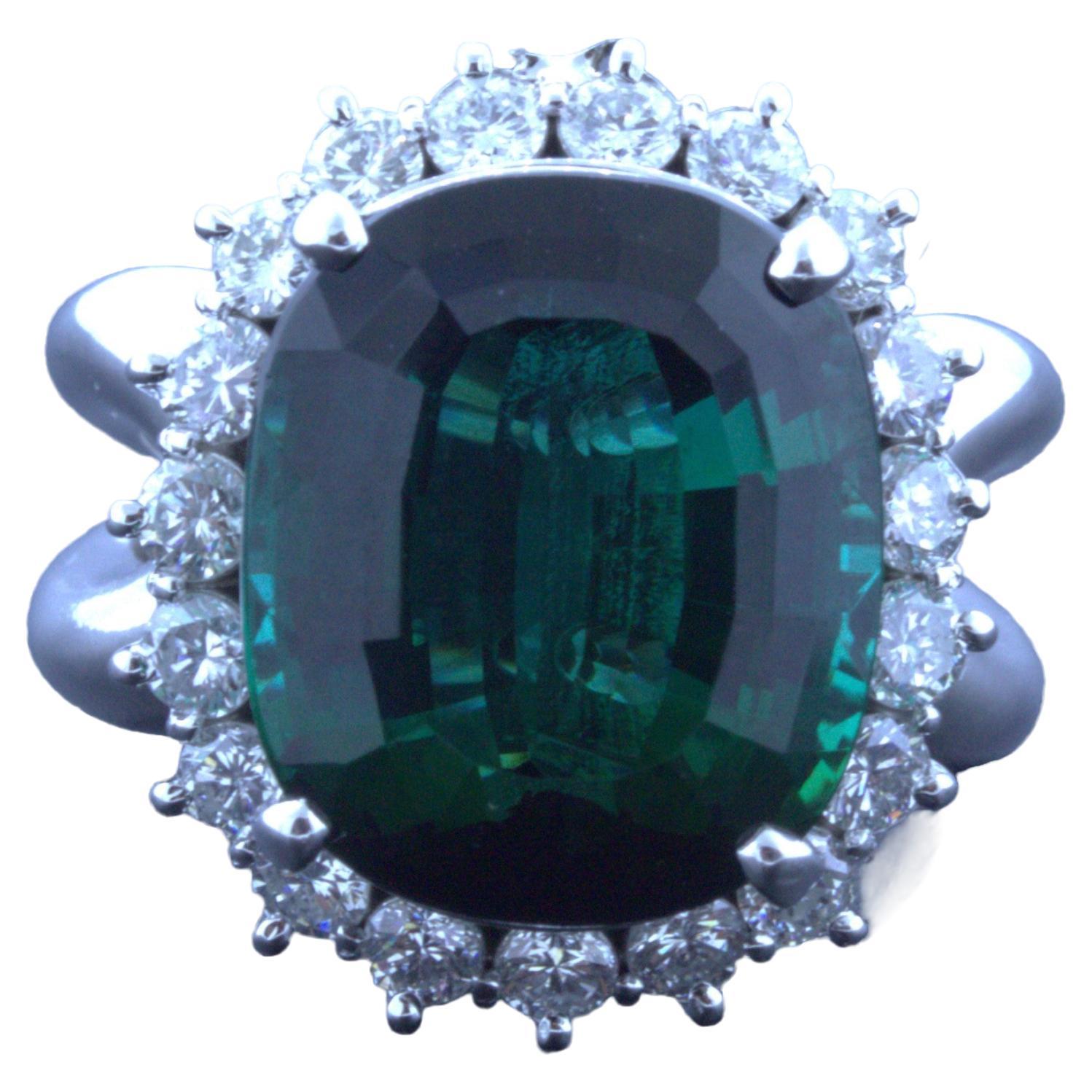 11.10 Carat Green Tourmaline Diamond Halo 14k White Gold Ring For Sale