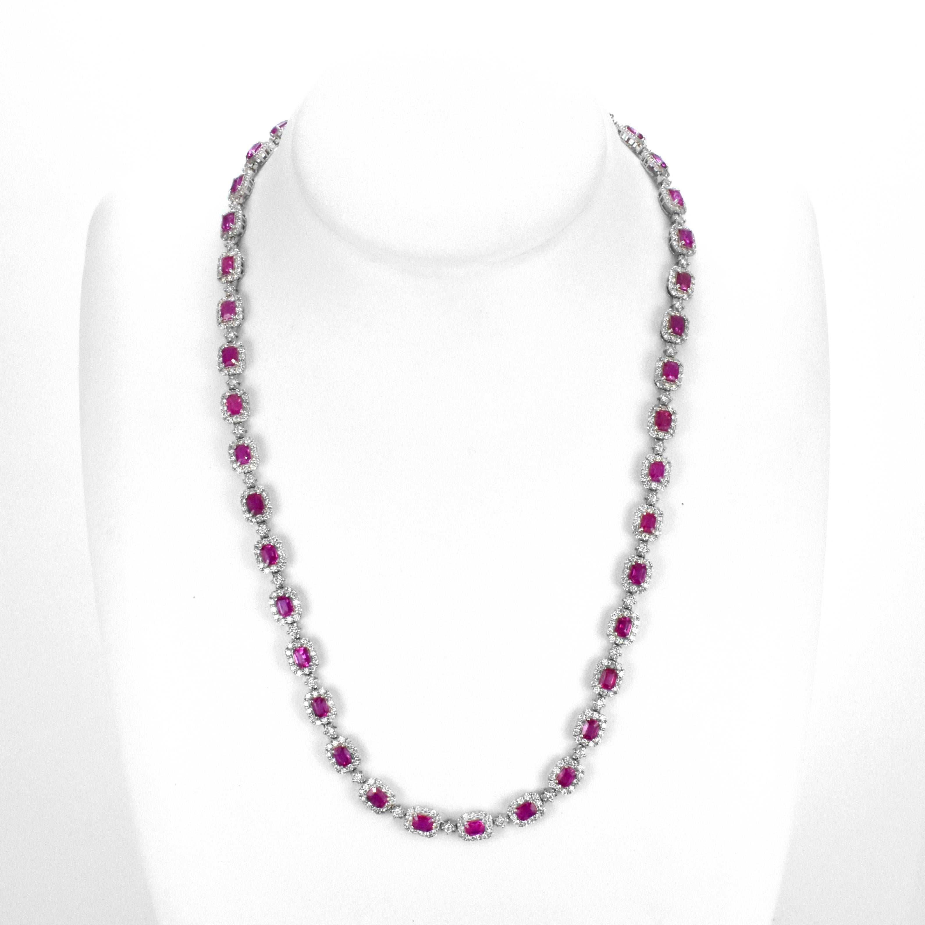 A beautiful necklace set in platinum featuring a total of 11.10 Carats of untreated Rubies and 5.43 Carat Diamonds. Rubies are referred to as 