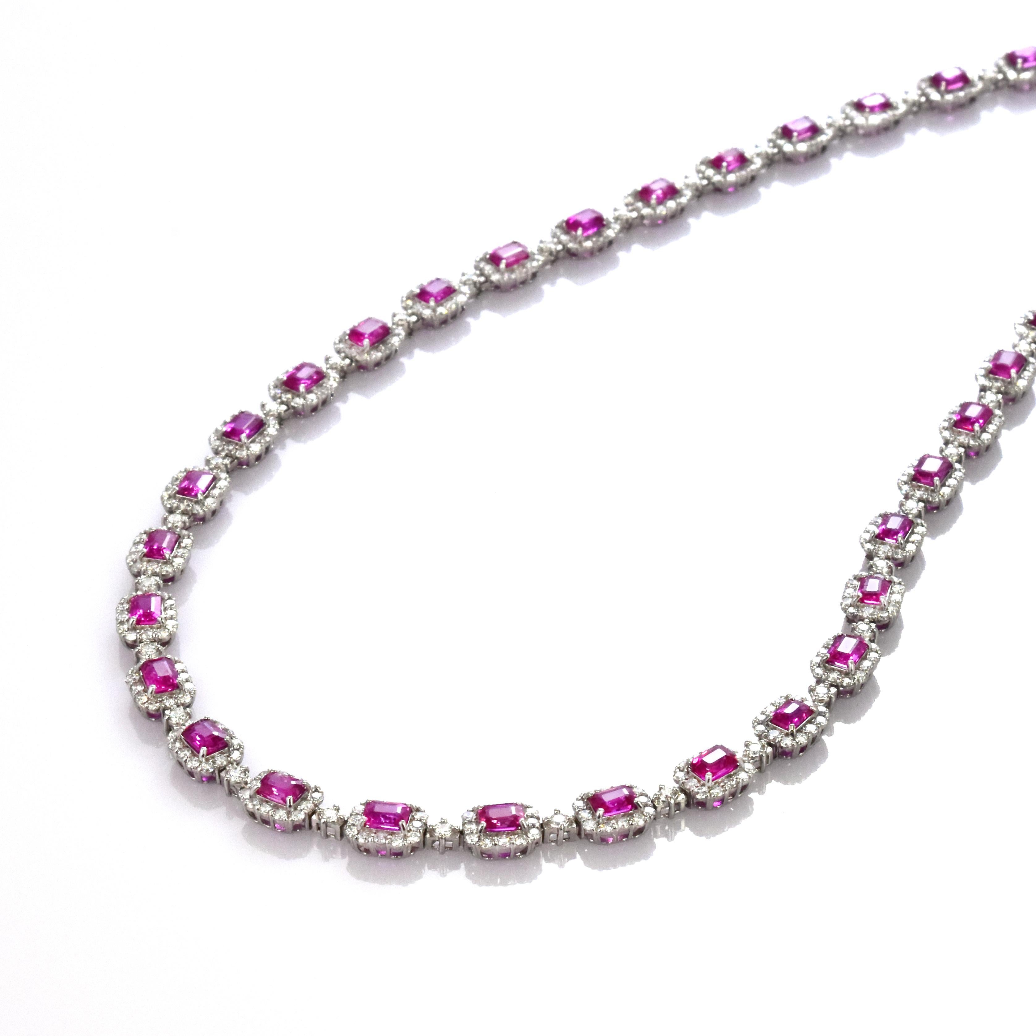 Modern 11.10 Carat Natural Unheated Rubies & Diamonds Tennis Necklace Made in Platinum For Sale