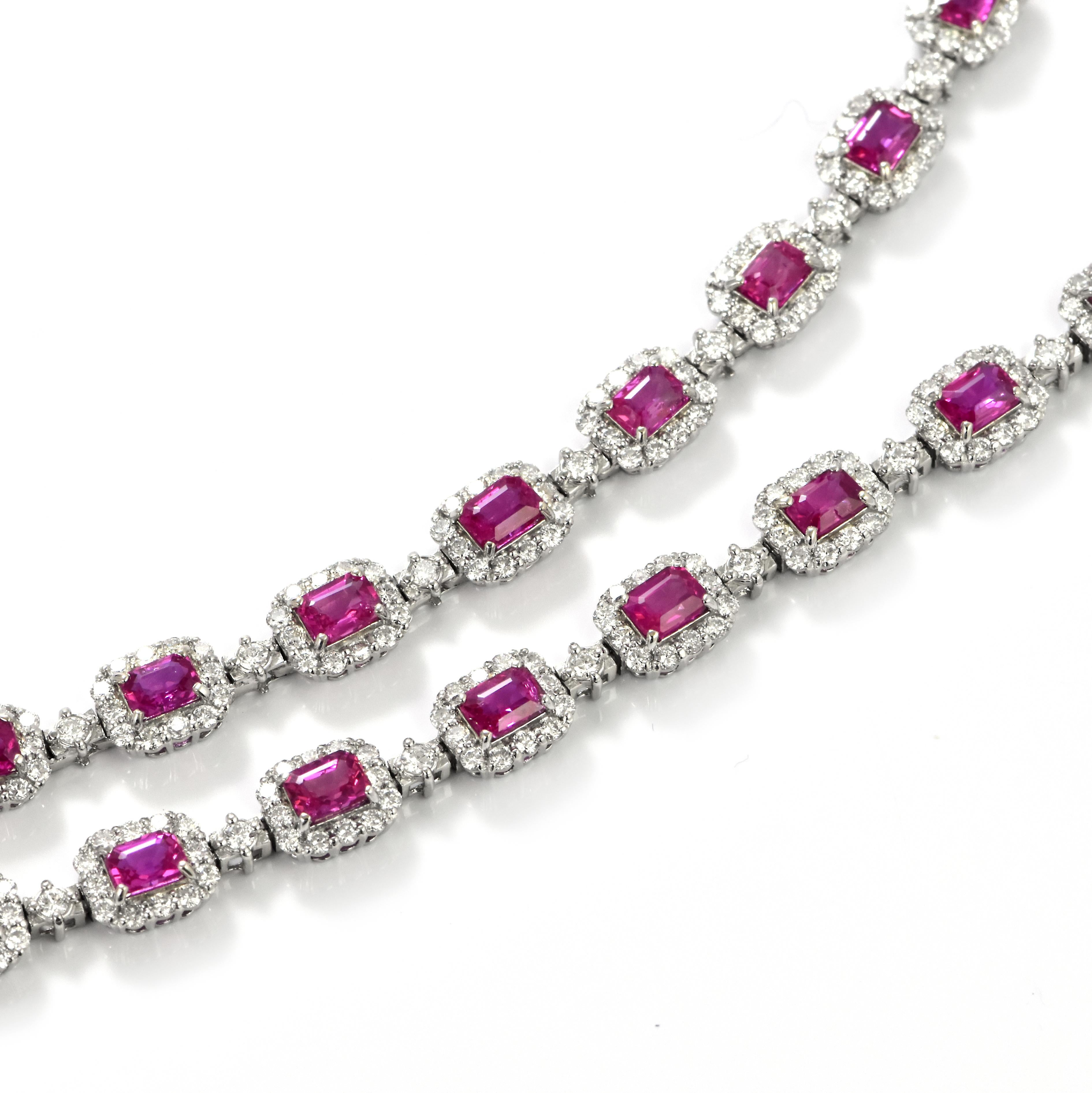 Octagon Cut 11.10 Carat Natural Unheated Rubies & Diamonds Tennis Necklace Made in Platinum For Sale