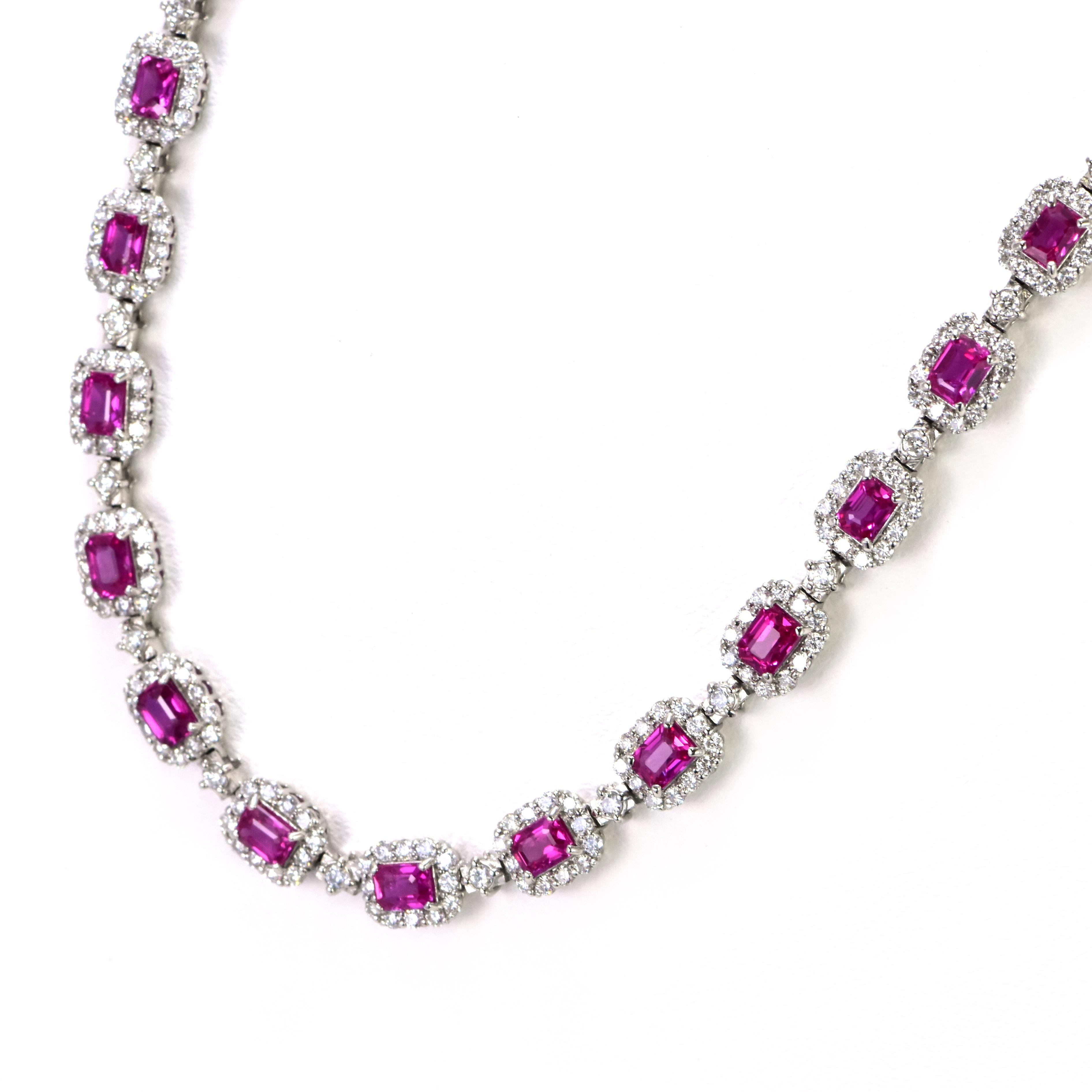 11.10 Carat Natural Unheated Rubies & Diamonds Tennis Necklace Made in Platinum In New Condition For Sale In Tokyo, JP