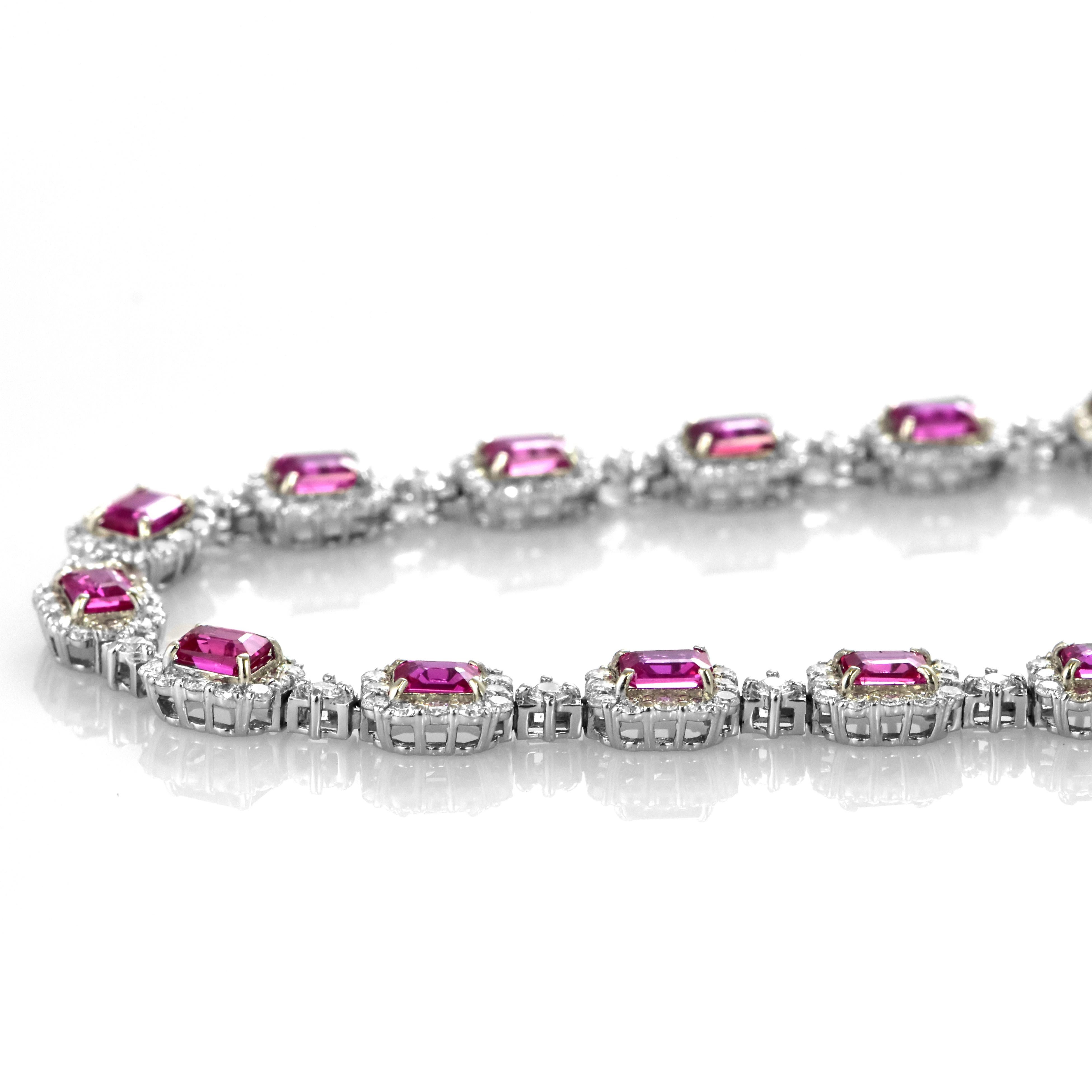 11.10 Carat Natural Unheated Rubies & Diamonds Tennis Necklace Made in Platinum For Sale 1