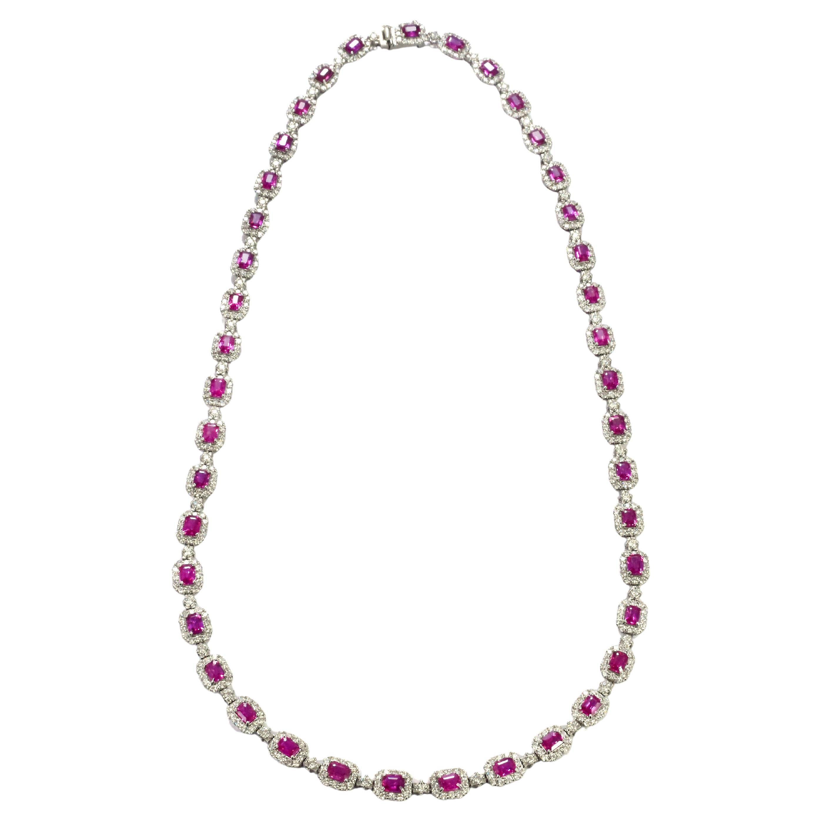 11.10 Carat Natural Unheated Rubies & Diamonds Tennis Necklace Made in Platinum