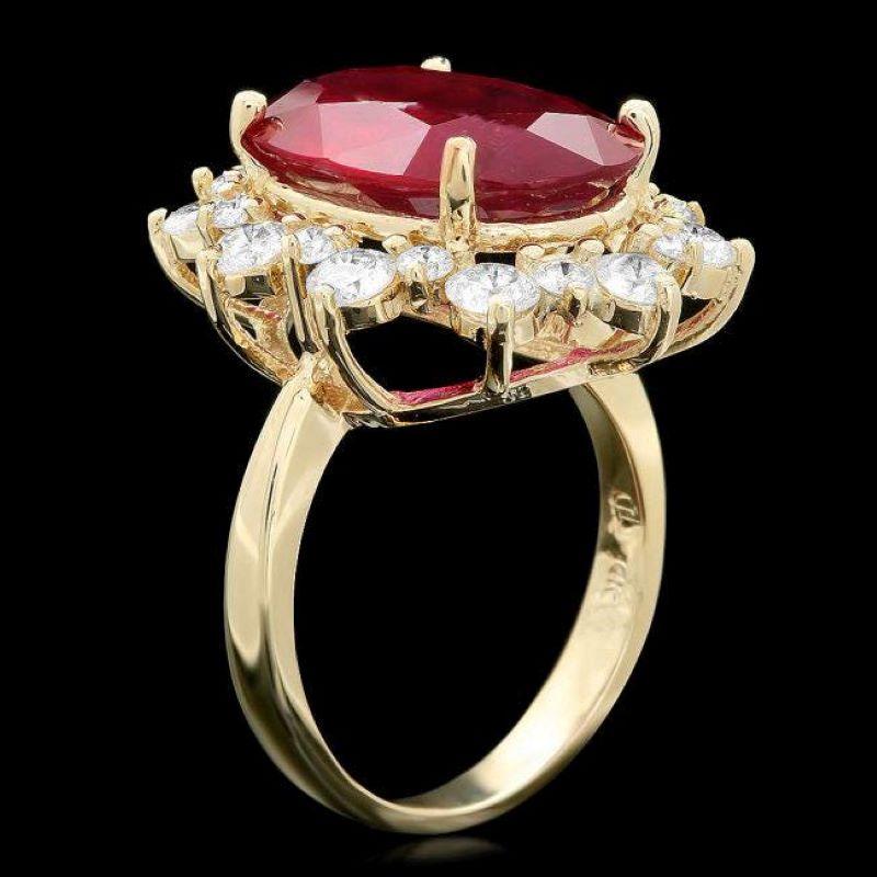 11.10 Carats Natural Red Ruby and Diamond 14K Solid Yellow Gold Ring

Total Red Ruby Weight is: Approx. 9.40 Carats

Natural Oval Red Ruby Measures: Approx. 16.00 x 11.00mm

Ruby treatment: Fracture Filling

Natural Round Diamonds Weight: Approx.
