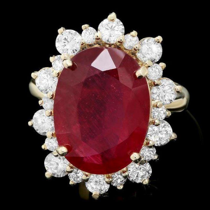 Mixed Cut 11.10 Carats Natural Red Ruby and Diamond 14K Solid Yellow Gold Ring For Sale