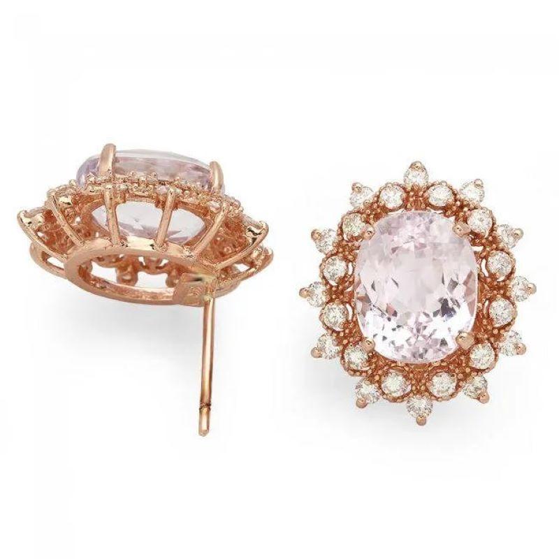 11.10ct Natural Kunzite and Diamond 14K Solid Rose Gold Earrings

Total Natural Oval Cut Kunzites Weight: Approx. 9.90 Carats 

Morganite Measures: 11 x 9 mm

Total Natural Round Cut White Diamonds Weight: 1.20 Carats (color G-H / Clarity