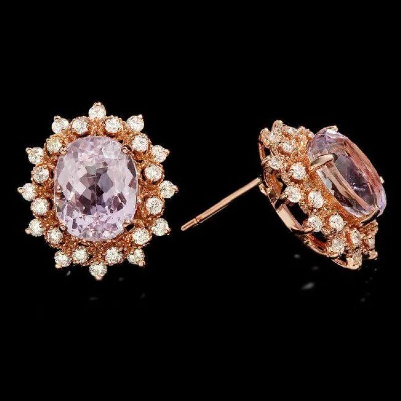 Mixed Cut 11.10ct Natural Kunzite and Diamond 14K Solid Rose Gold Earrings For Sale