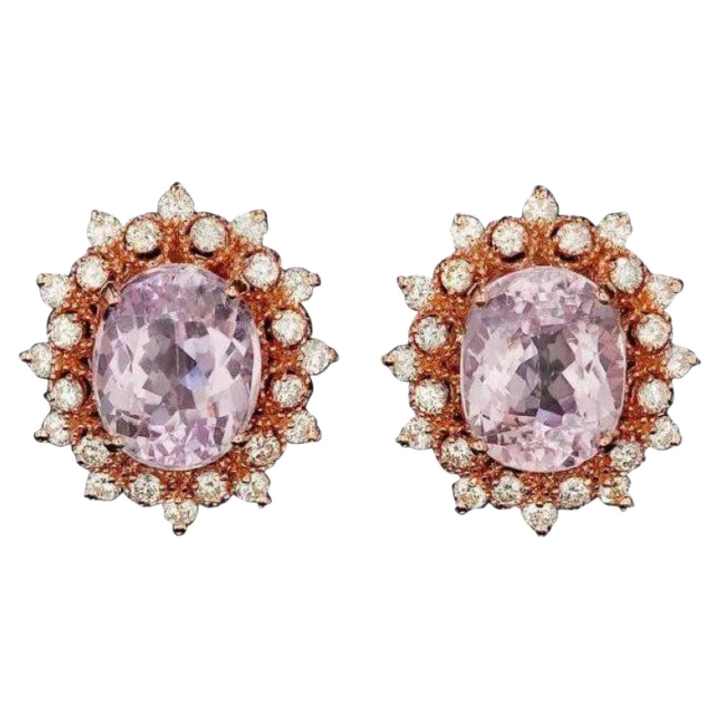 Boucles d'oreilles en or rose massif 14 carats avec kunzite naturelle de 11,10 carats et diamants