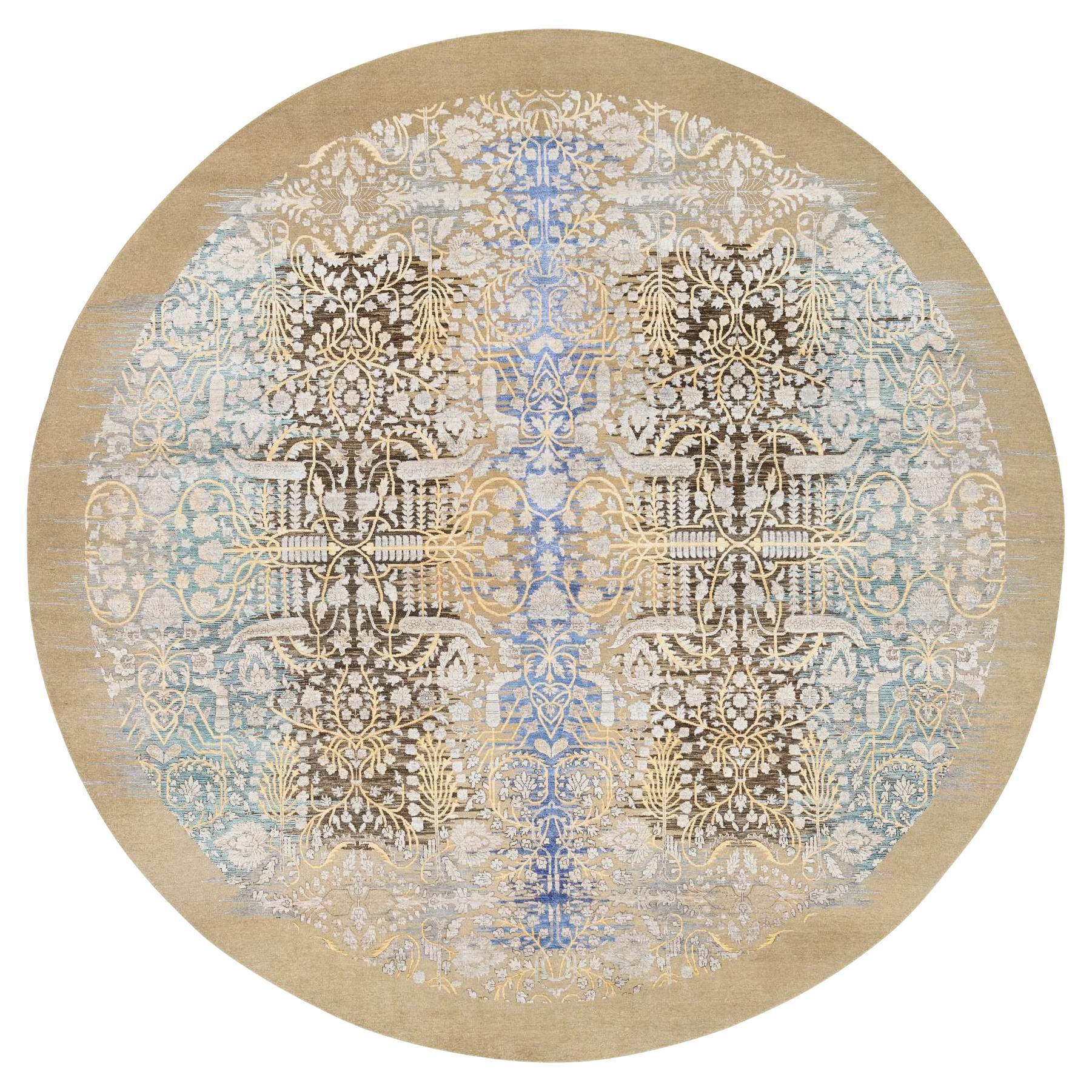11'10 "x11'10" Brun doré, noué à la main Sarouk transitionnel  Avec rond de laine en vente