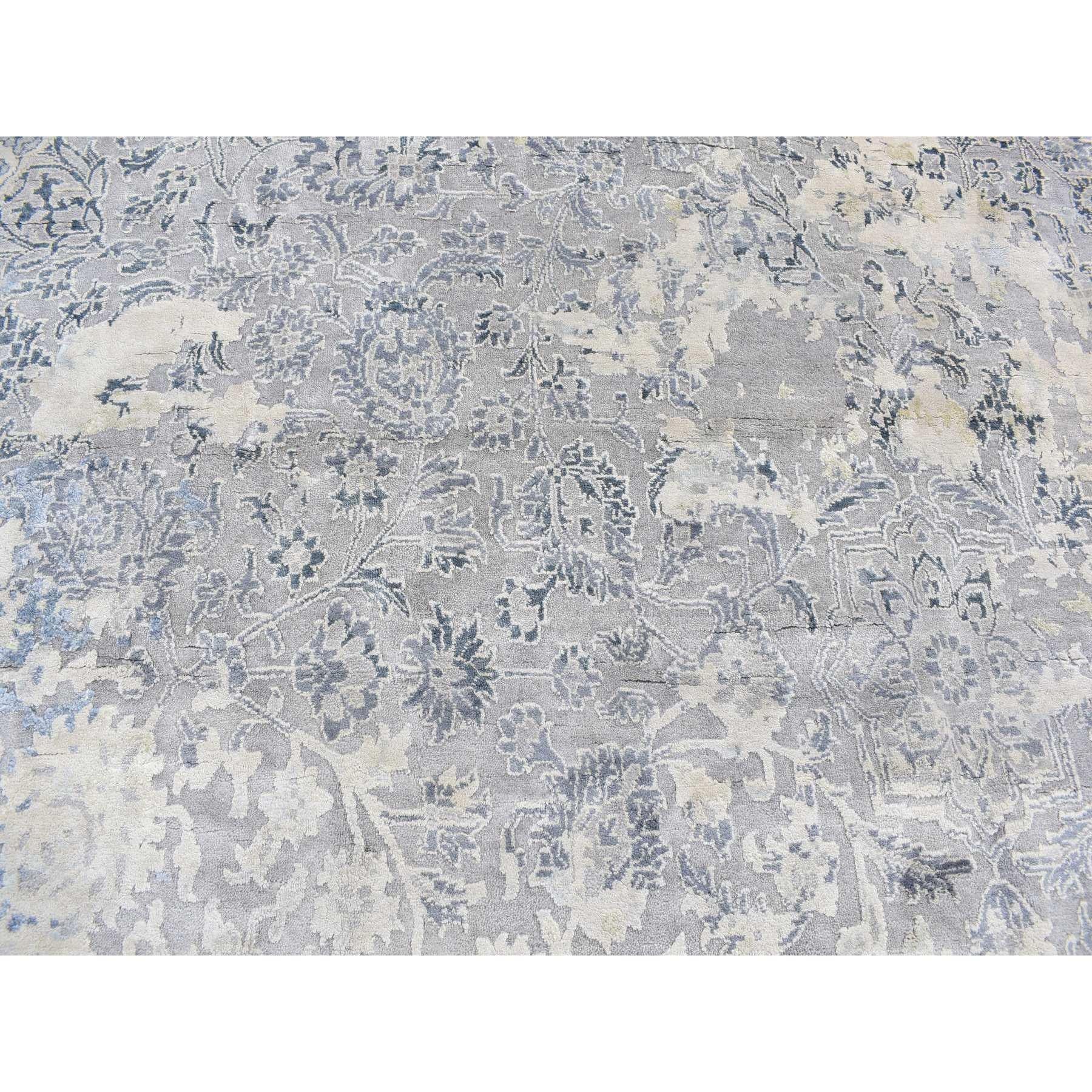 Tapis rond noué à la main en soie gris Broken and Erased Kashan Design 11'10