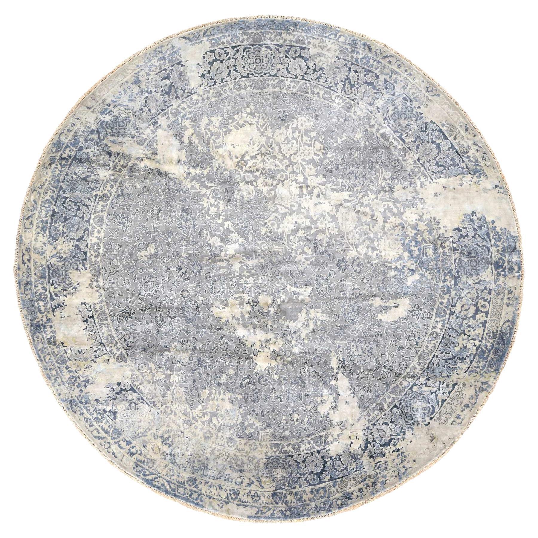 11'10"x11'10" Gray Broken and Erased Kashan Design Silk Hand Knotted Round Rug