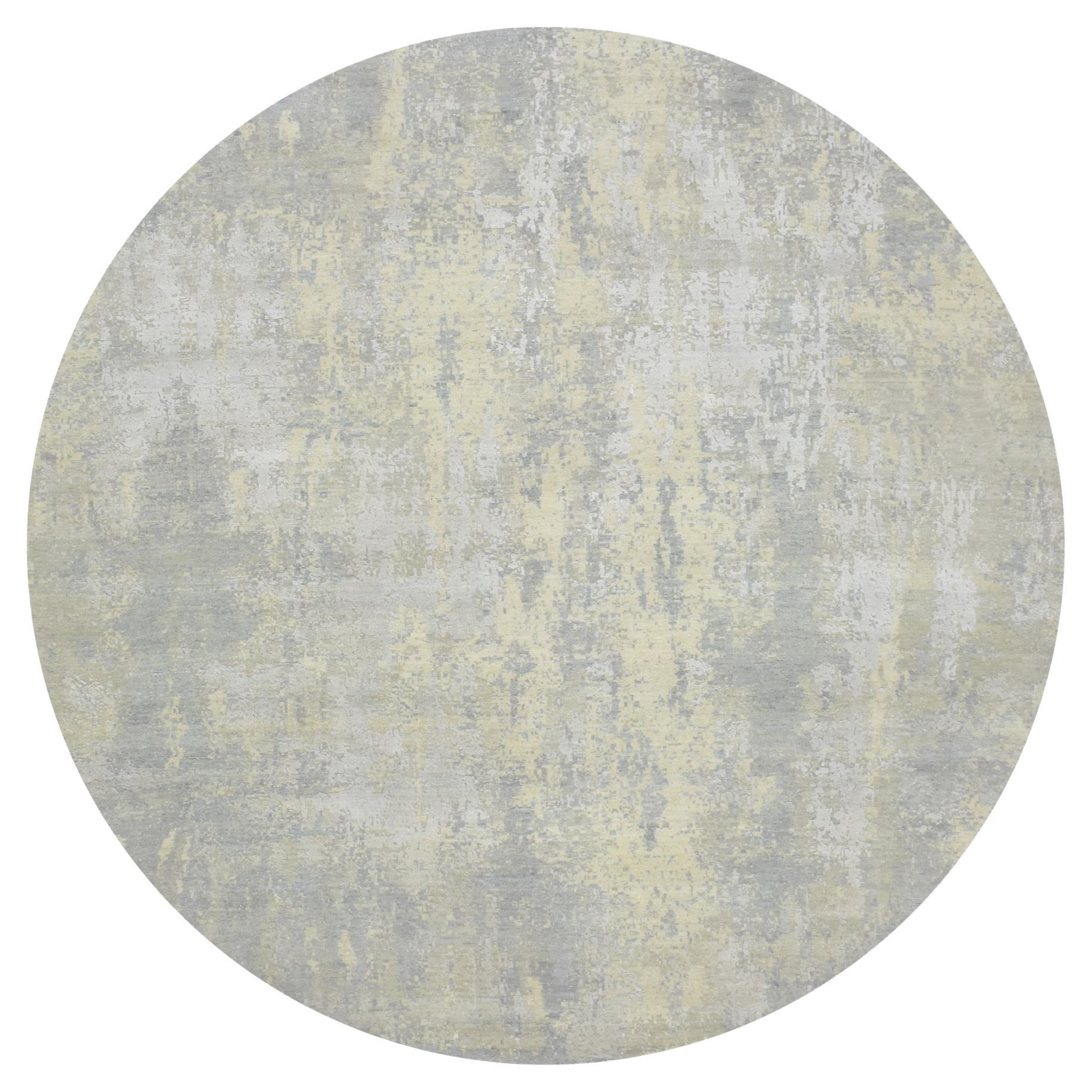 11'10 "x11'10" Gris Design Modern Abstrait Laine Pure Soie Noué à la Main Rond en vente