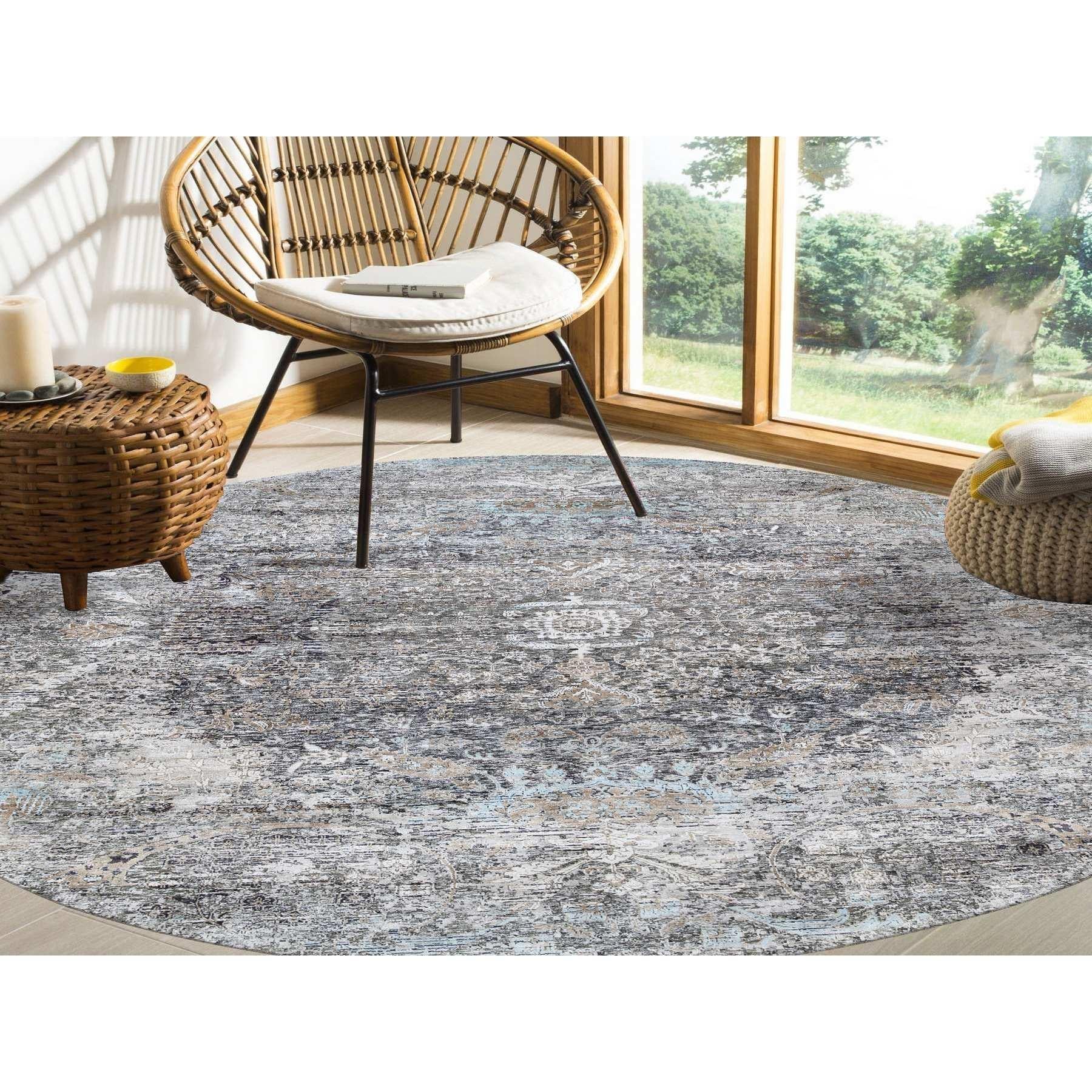 This is a truly genuine one-of-a-kind Gray, Silk with Textured Wool, Hand Knotted, Transitional Persian Influence Erased Medallion Design, Oriental, Round Rug. It has been Knotted for months and months in the centuries-old weaving craftsmanship