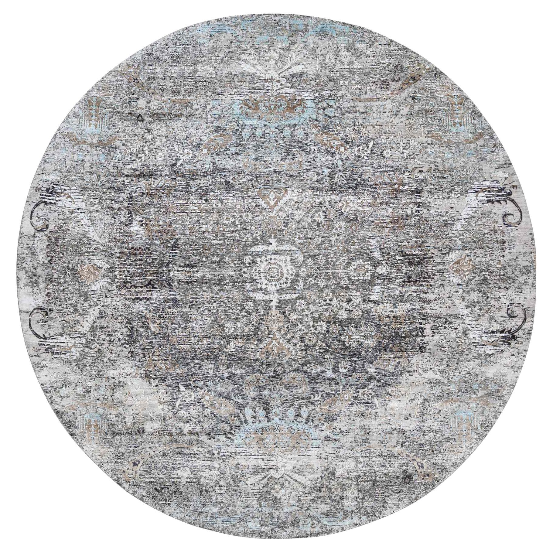 11'10"x11'10" Gray Transitional Silk with Textured Wool Hand Knotted Round Rug For Sale