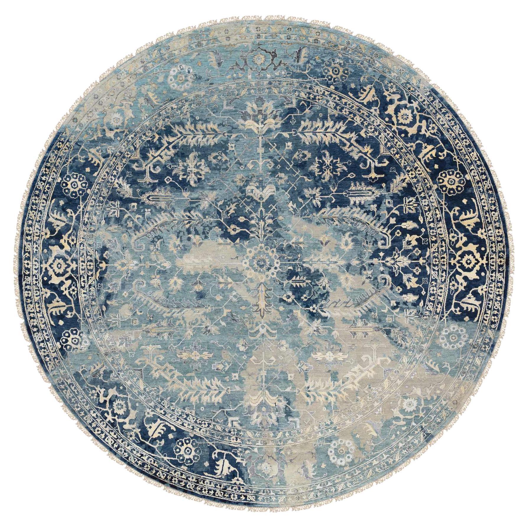 11'10"x11'10" Navy Blue Heriz Erased Design Wool and Silk Hand Knotted Round Rug For Sale