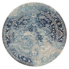11'10"x11'10" Navy Blue Heriz Erased Design Wool and Silk Hand Knotted Round Rug