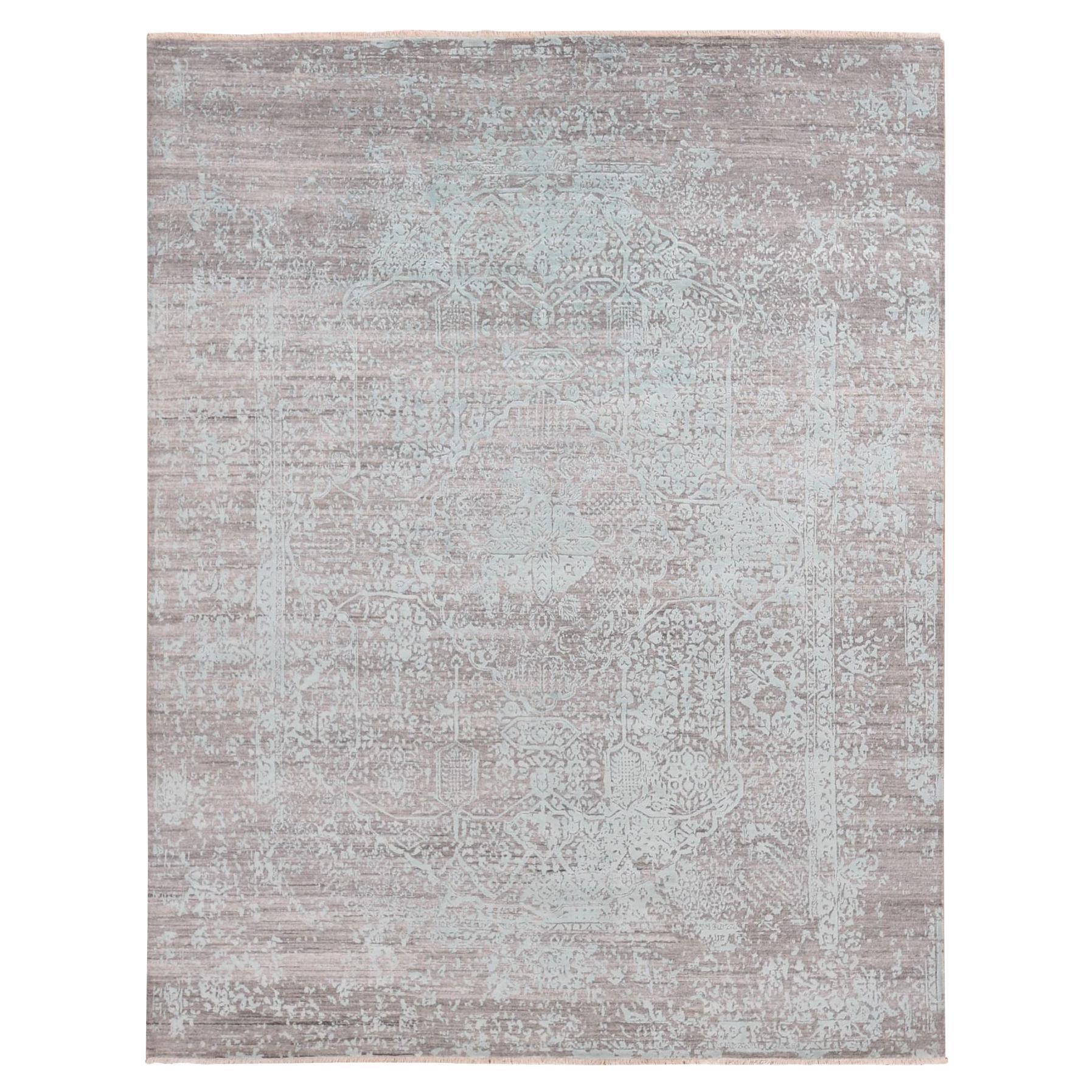 11
10 "x14
10" Tapis XL en laine et soie à motifs persans effacés verts, noué à la main