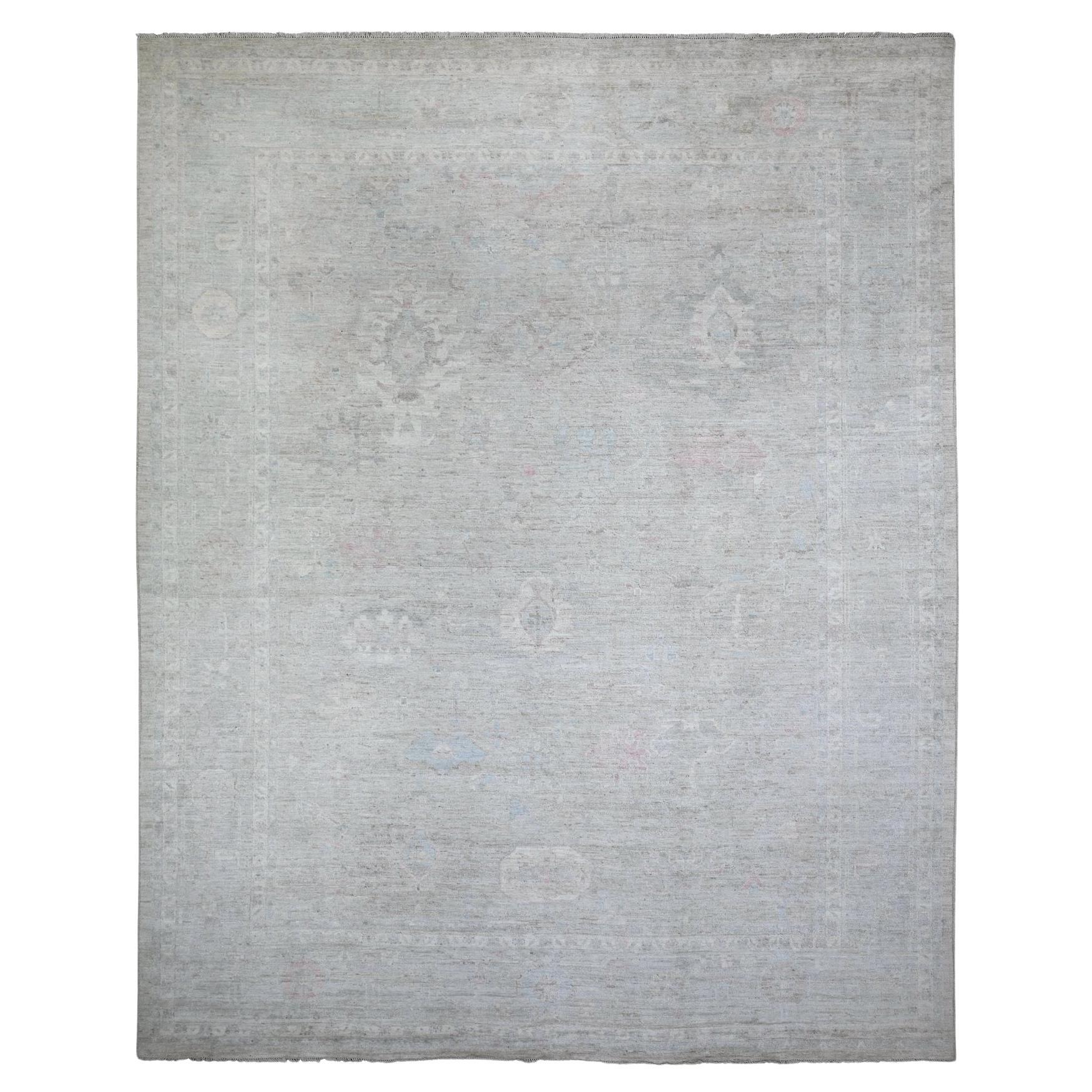 11'10"x14'10" Mineral Gray Pure Wool Hand Knotted Angora Oushak Oriental Rug