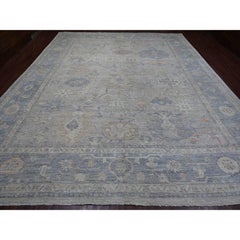 11'10 "x14'6" Hellgrauer handgeknüpfter Angora Oushak Blatt Design Wolle Orientteppich