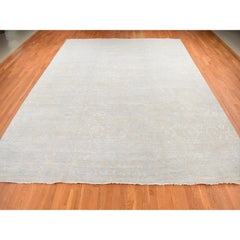 11'10"x15' Brown Wool and Silk Tone on Tone Rosettes Design Hand Knotted Rug