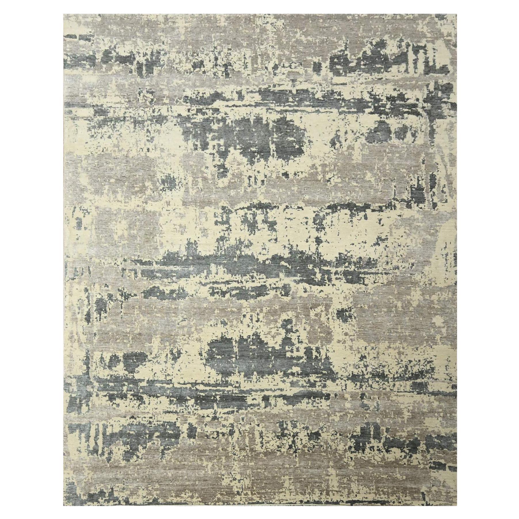 11'10"x15' Grau & Beige Moderner handgeknüpfter Teppich aus Wolle und Seide mit abstraktem Design