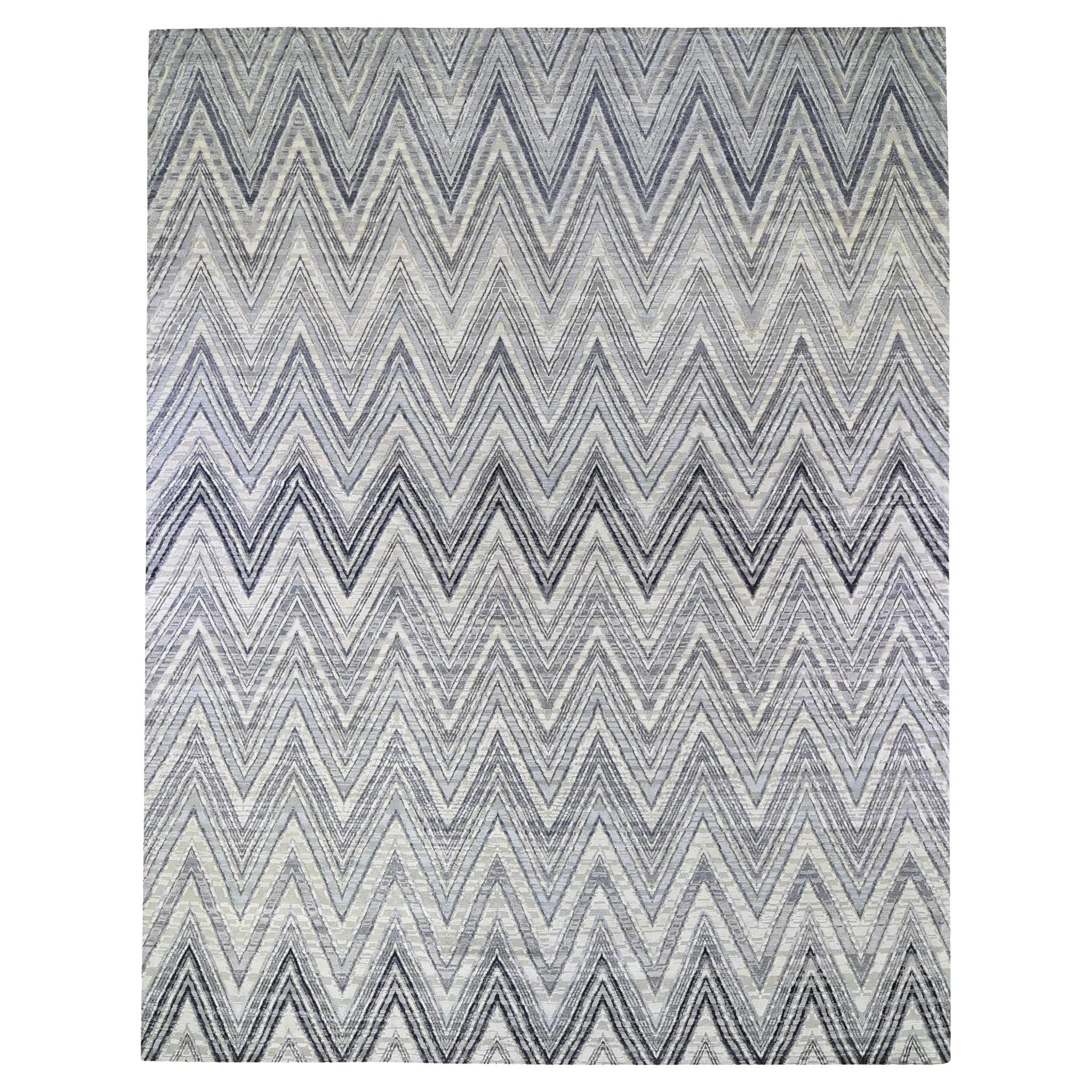 11'10"x15' Gray-Blue Chevron Design Textured Wool and Pure Silk Hand Knotted Rug