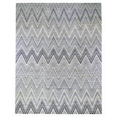 11'10"x15' Gray-Blue Chevron Design Textured Wool and Pure Silk Hand Knotted Rug