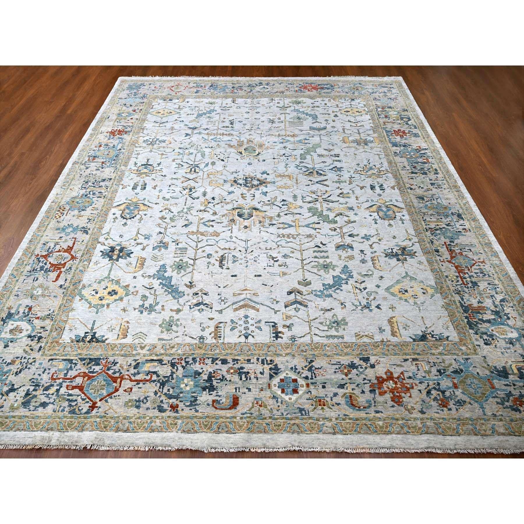 Heavenly Gray, Broken and Erased Persian Heriz Design, Natural Wool, Soft Color Pallet, Hand Knotted, Densely Woven, Oversized, Oriental Rug
Primary materials: Wool
Latex: No Pile 
height: 0.25 Inches
Style: Transitional
Primary color: